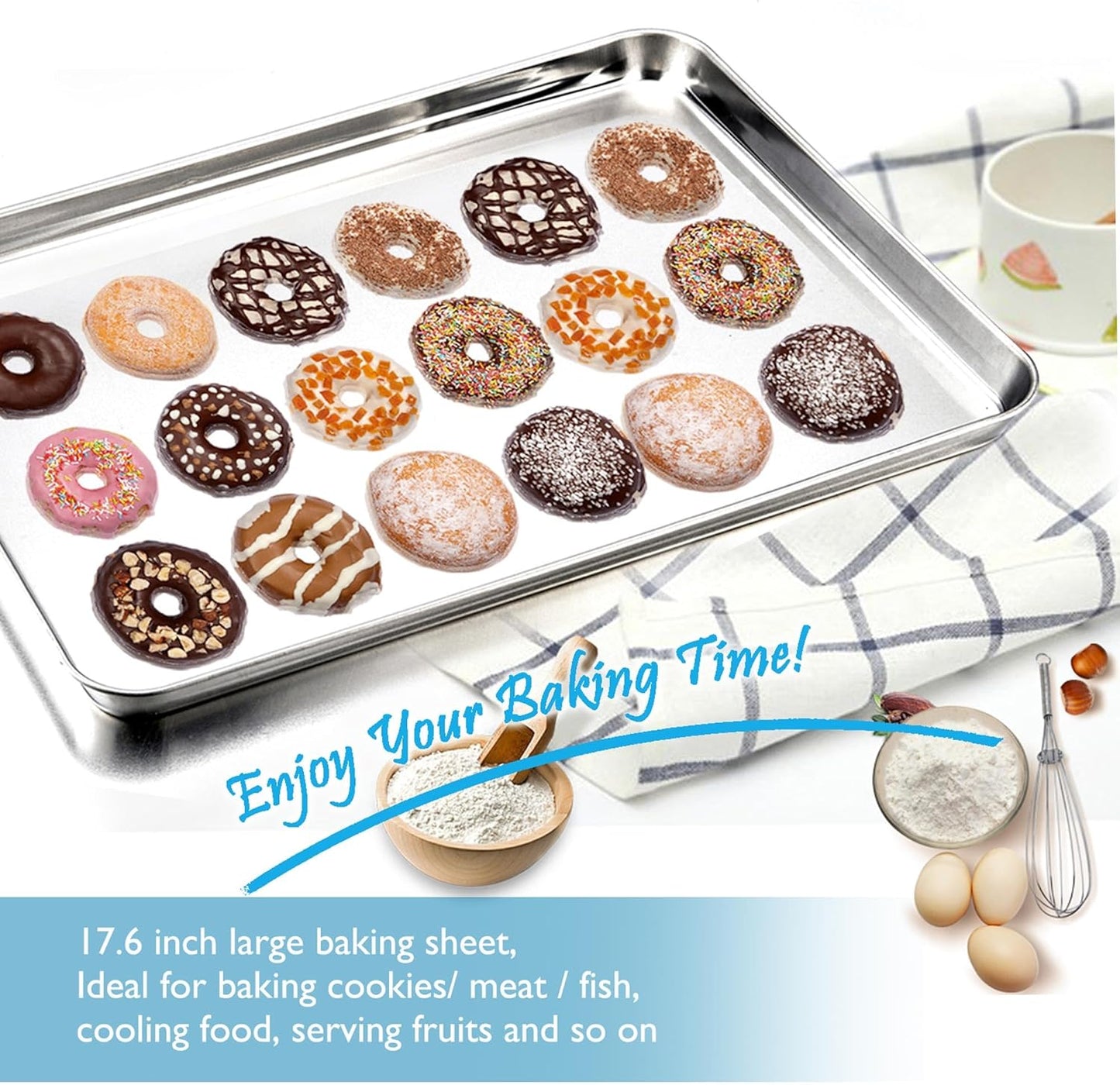 TeamFar Cookie Sheets with Cooling Racks, 17.6 x 13 x 1 Inch Stainless Steel Baking Pan with Grid Rack for Baking Roasting, Non-Toxic & Heavy Duty, Dishwasher Safe, 2 Pans with 2 Racks