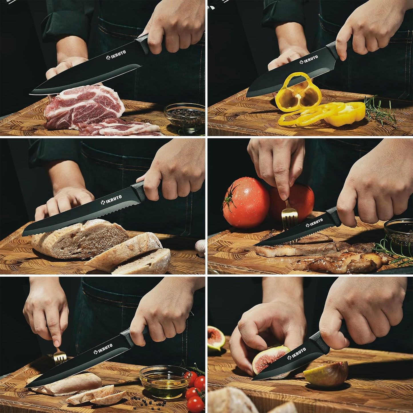 15-Piece Kitchen Knife Set with Block – Chef Knives, Utility Knives, Steak Knives, and Built-In Sharpener (Black and Gray)