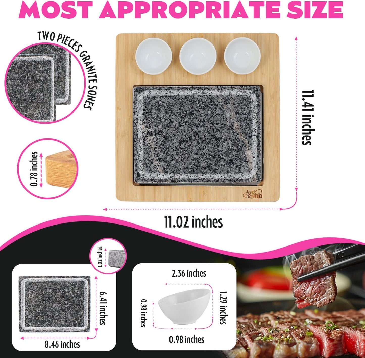 Artestia Professional Steak Stone Grill Set - 2pcs Natural Granite Cooking Stones for Indoor & Outdoor BBQ Hibachi - Heat-Resistant Stones (2 Granite Stone+1 Bamboo Tray+3 Sauce Bowls)