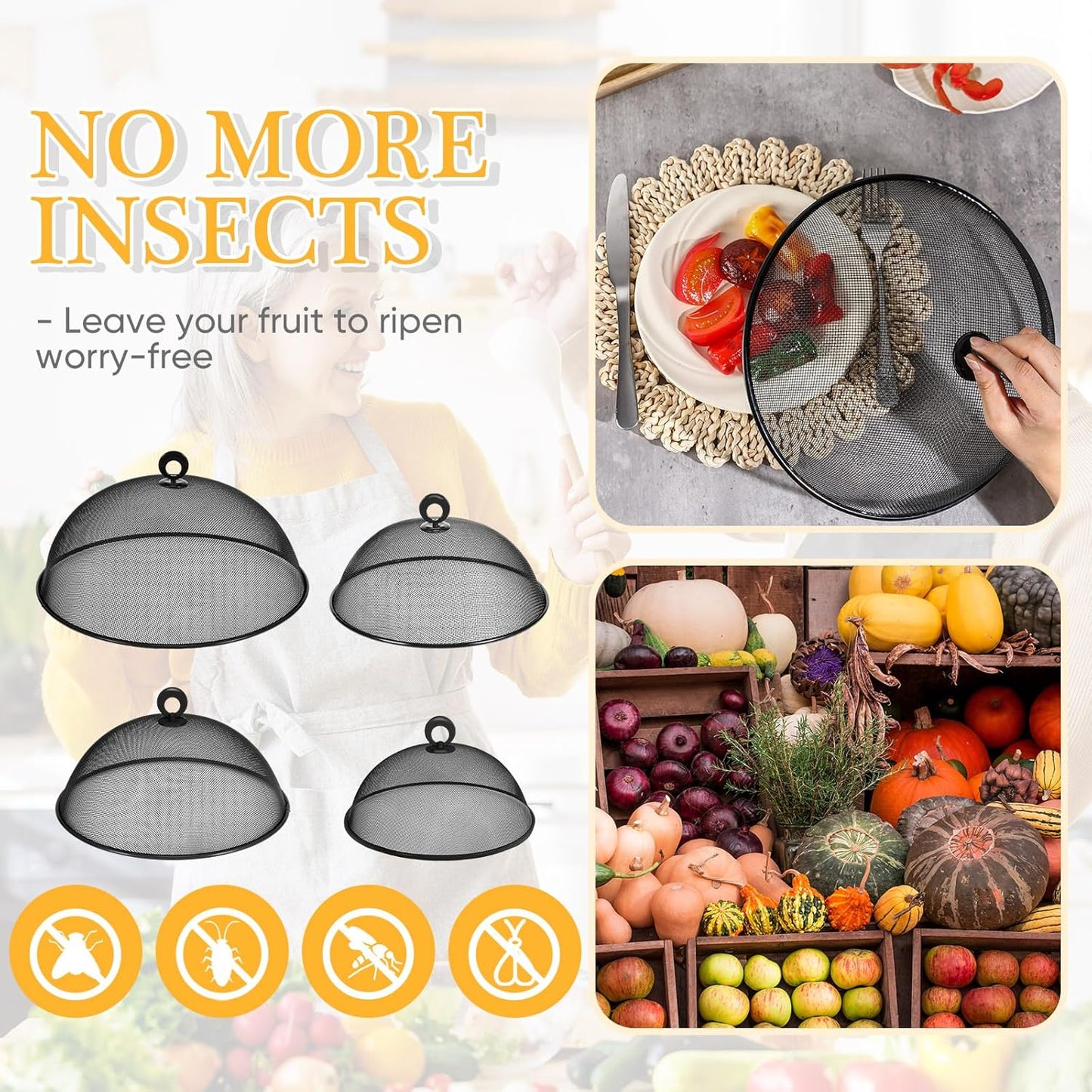 Baderke 4 Pcs Metal Mesh Food Cover 14'' 12'' 11'' 10'' Outdoor Picnic Food Net Covers for Outside Keep out Flies for Table Picnic Camping(Black)