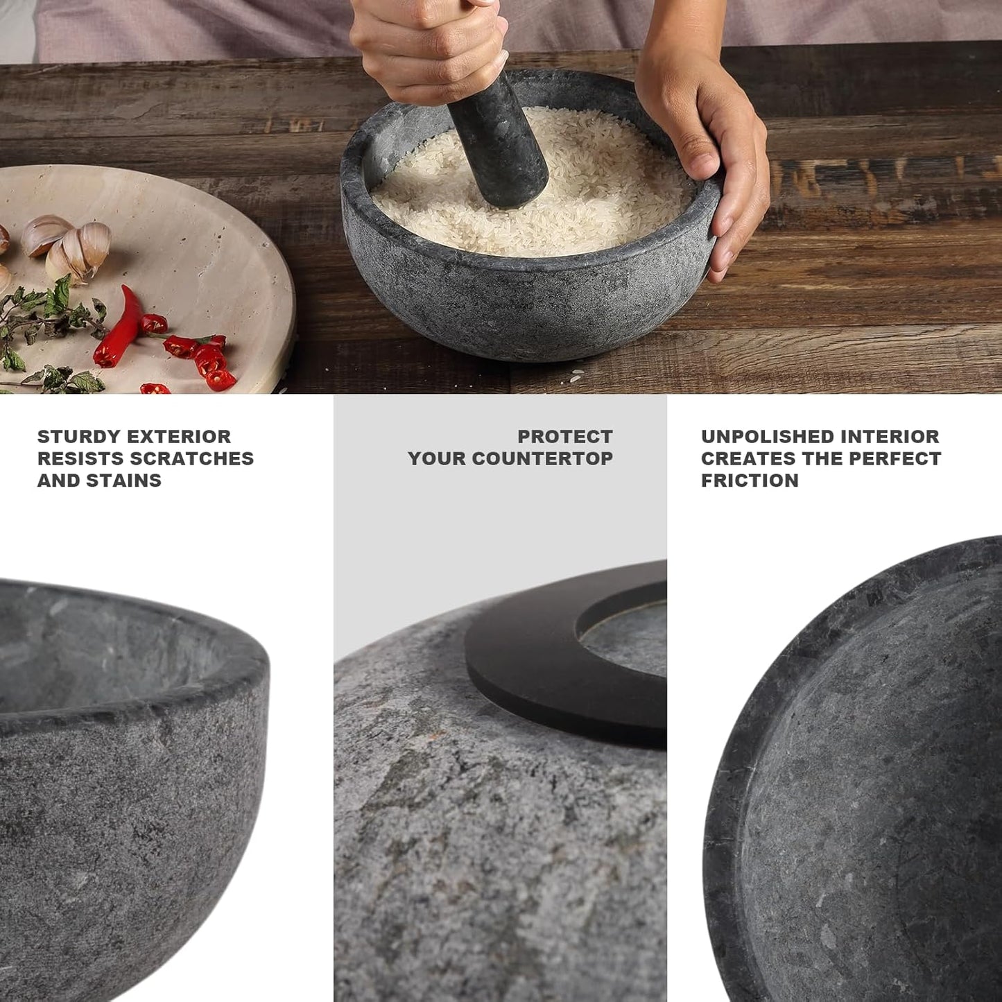 Koville Natural Granite Mortar and Pestle Set, 8" Extra Large Grinder Bowl for Guacamole, Salsa, Pill Crusher, Spice, Herb, Garlic, Nut, Heavy Duty Grinder for Kitchen Sand-Blasted Finish