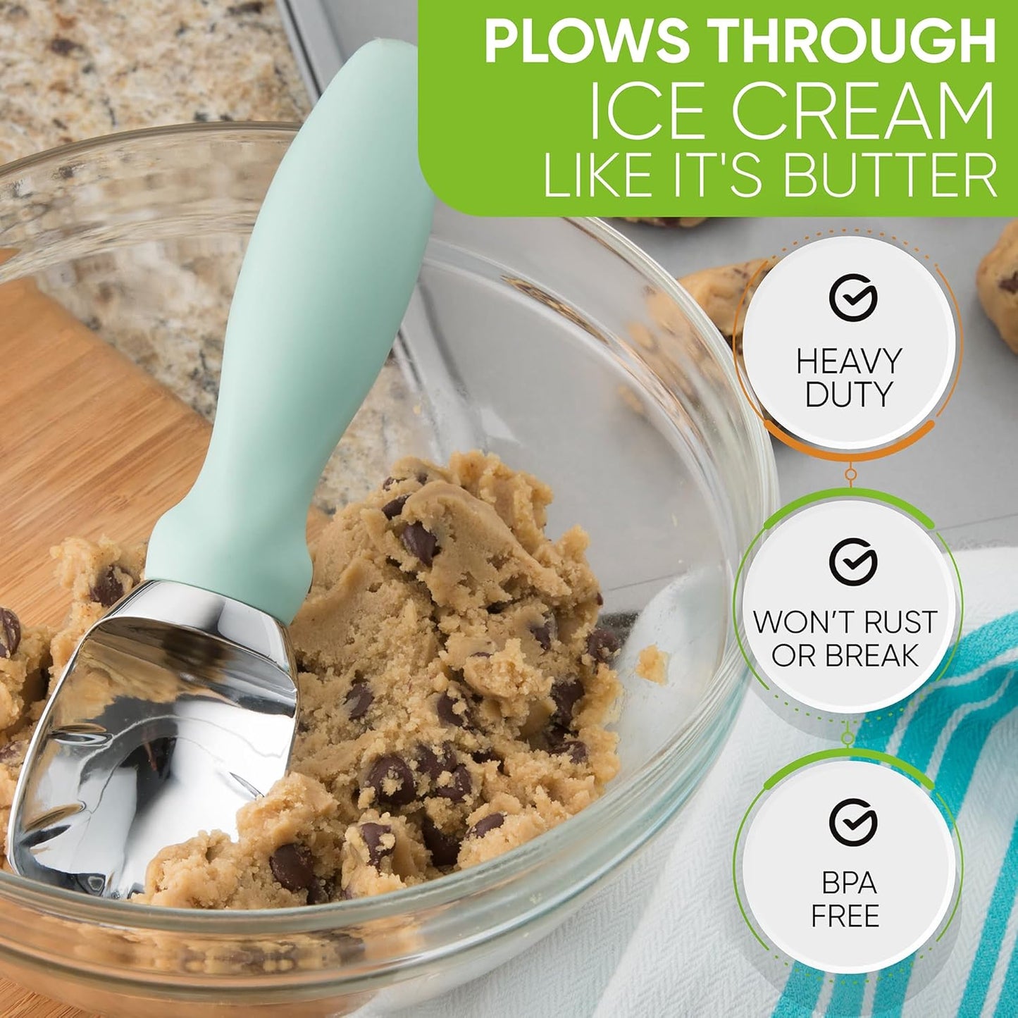 Spring Chef Heavy Duty Ice Cream Scoop with Comfortable Handle, Professional Metal Ice Cream Scooper for Gelato, Sorbet, Cookie Dough, Frozen Yogurt - Dishwasher Safe Kitchen Tool - Mint
