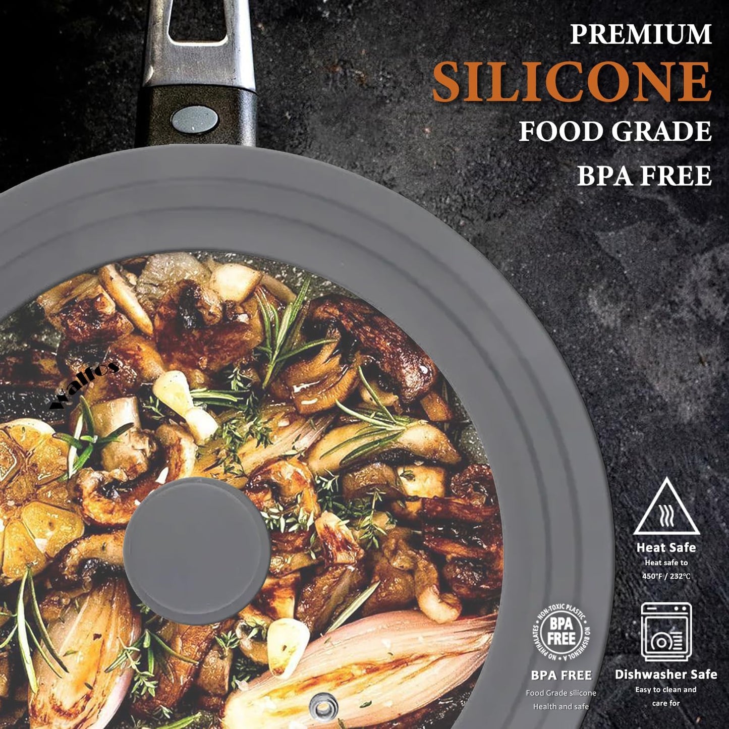 Walfos Universal Lid for 10.5", 11.5" and 12" Diameter Cookware, Fits Pots, Pans and Skillets - Walfos Tempered Glass Pan Lid with Heat Resistant Silicone Rim, BPA Free Pot Lids, Dishwasher-Safe, Gray