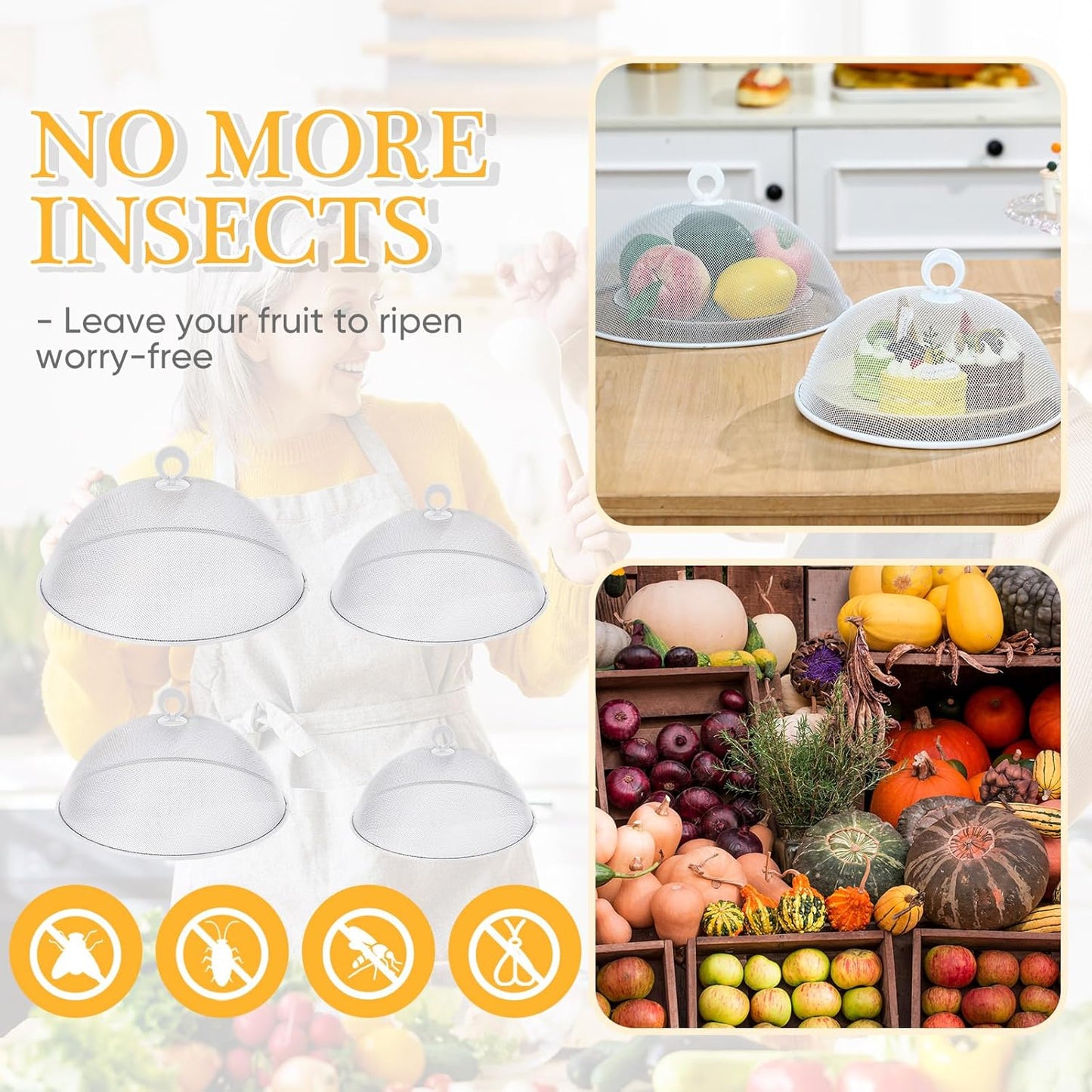 Baderke 4 Pcs Metal Mesh Food Cover 14'' 12'' 11'' 10'' Outdoor Picnic Food Net Covers for Outside Keep out Flies for Table Picnic Camping(White)