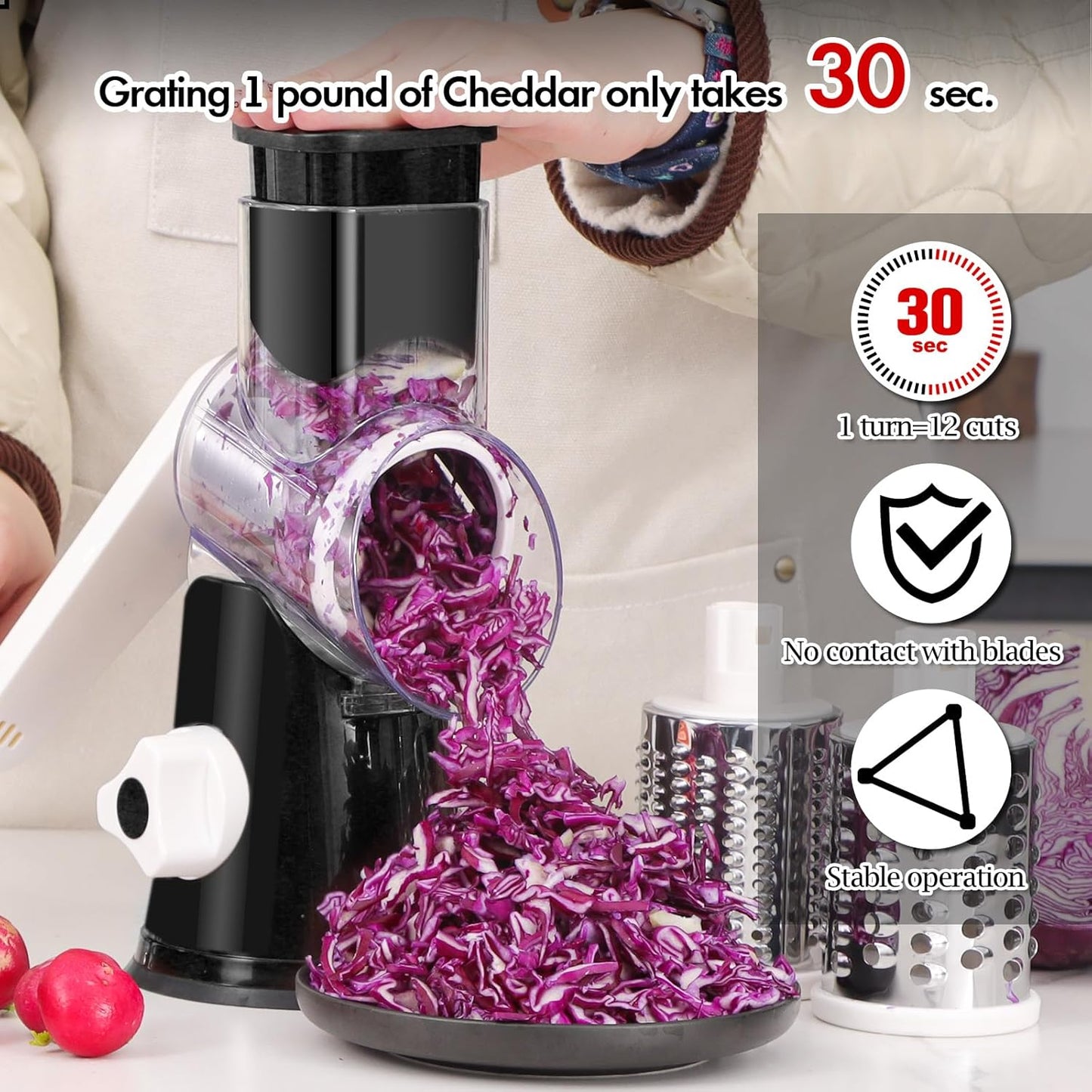 Ourokhome Rotary Cheese Grater Hand Crank, Kitchen Shredder Speed Mandolin Slicer Ice Shaver with Handle and Drum Blades for Cheese, Vegetable, Nuts, Chocolate, Potato, Carrot, 5 Blades, Black