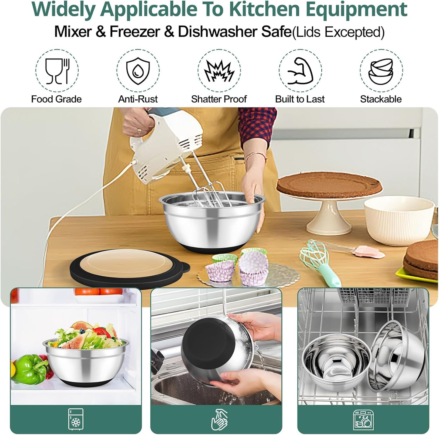 TeamFar Mixing Bowls, 5PCS Stainless Steel Serving Salad Bowls with Lids, For Kitchen Mixing/Baking/Storing/Prepping, Visible & Airtight, Non-Slip Bottom - 4.6/3.5/1.5/1 / 0.7 QT, Black