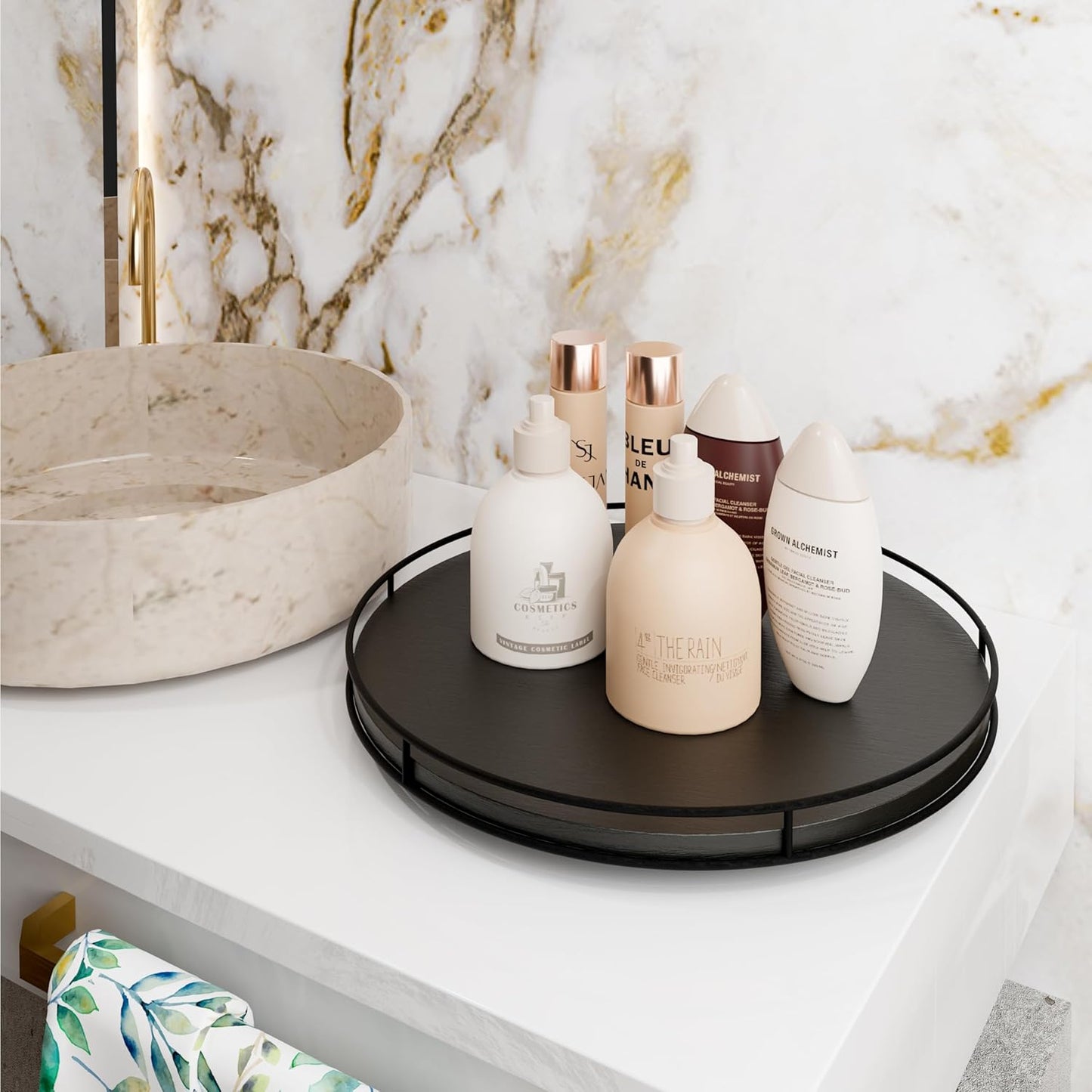 18" Acacia Wood Lazy Susan Turntable with Metal Frame for Table Top - Large Black Rotating Organizer Countertop Storage - Wooden Serving Tray for Charcuterie Cheese Board - Kitchen Counter