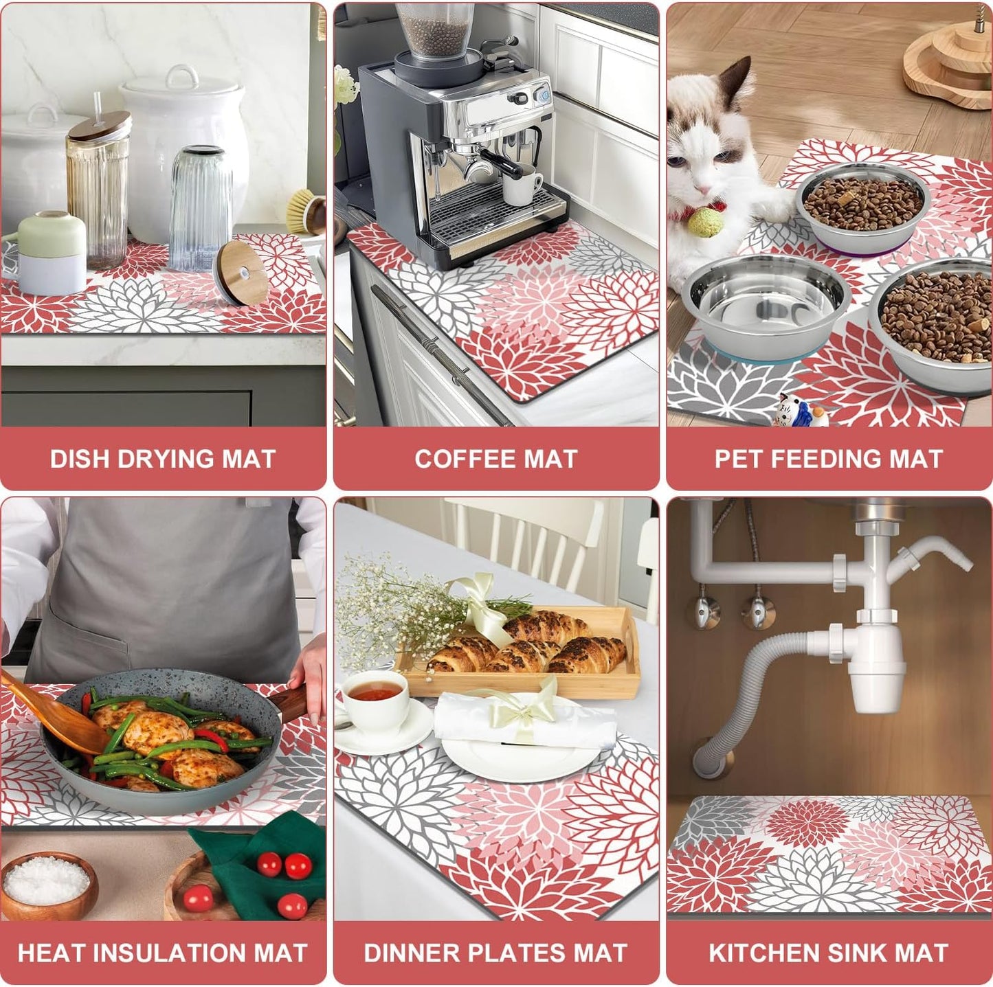 Findosom 2PCS 12" x 20" Dish Drying Mat & 24" x 5.5" Sink Splash Guard, Super Absorbent & Cuttable Dish Mat Drying Kitchen Mat with Red Floral, Hide Stain Drying Mat for Kitchen Counter