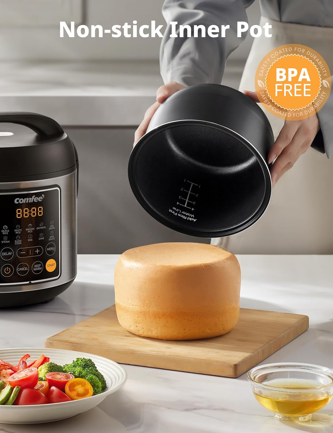 COMFEE' Rice Cooker, 4 Cups Uncooked, 8 Cups Cooked Slow Cooker, 2 Qt Small Multicooker with 10 Presets, Steamer & Grain Cooker, Non-Stick Inner Pot