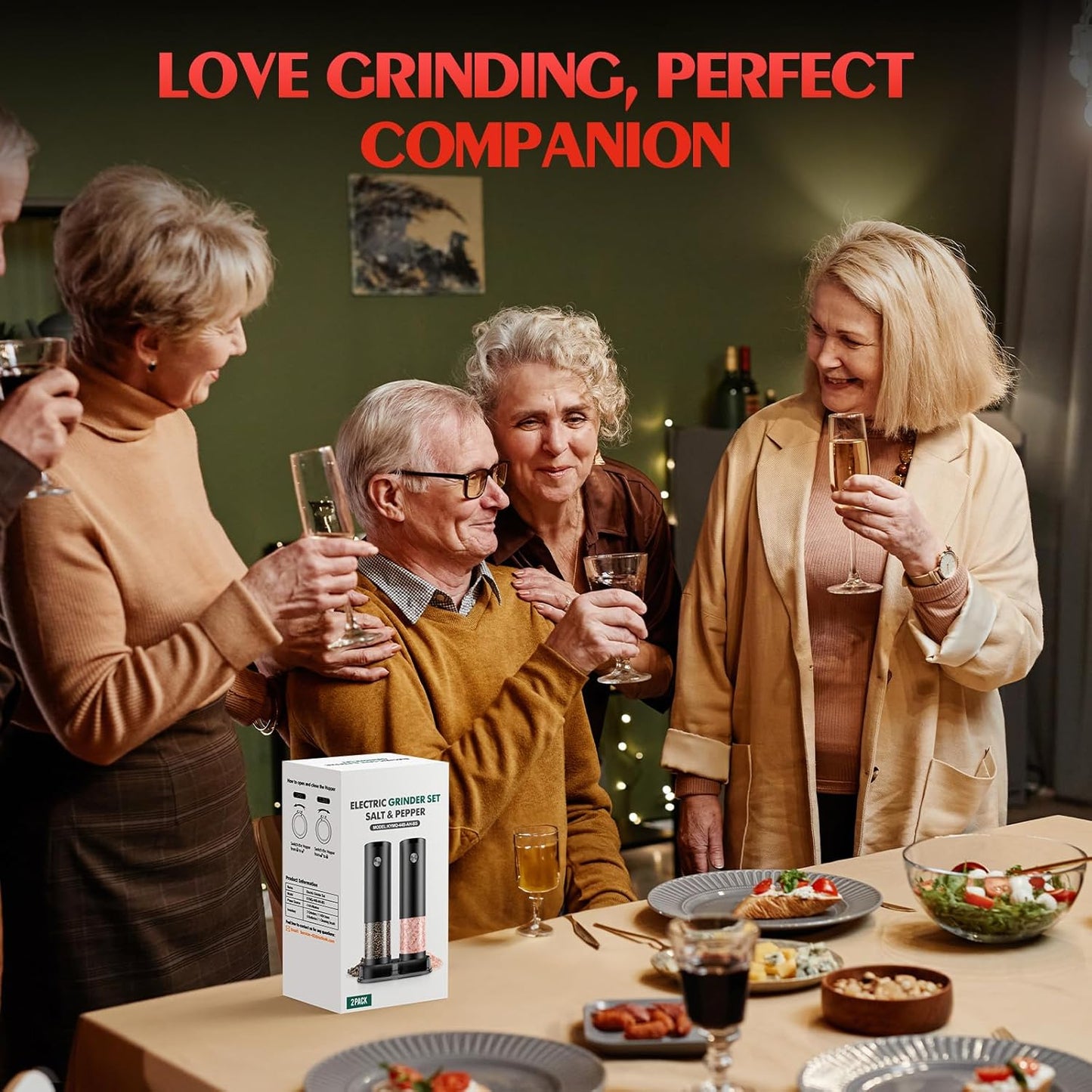 Electric Salt and Pepper Grinder Set Automatic Battery Pepper Mill Shakers Adjustable Coarseness Easy Filling Upgraded Larger Capacity with Led (2 Pack Black/Black)