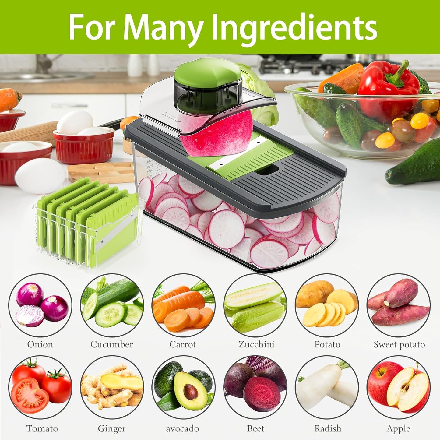 Cambom Mandoline Slicer Vegetable Slicer With 2 L Container for Potatoes, Tomatoes, Cucumbers, Carrots With 10 Blades White