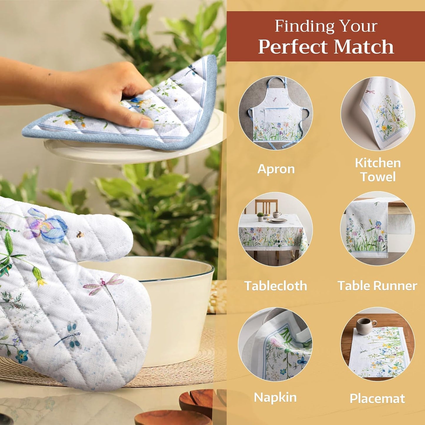 Maison d' Hermine Oven Gloves 100% Cotton Oven Mitt 7" x 13" with Loop Heat Resistant, BBQ, Cooking Gloves, Baking, Grilling, Kitchen, Handling Hot Pans Spring/Summer (Pack of 1, Fleurs De Mai)