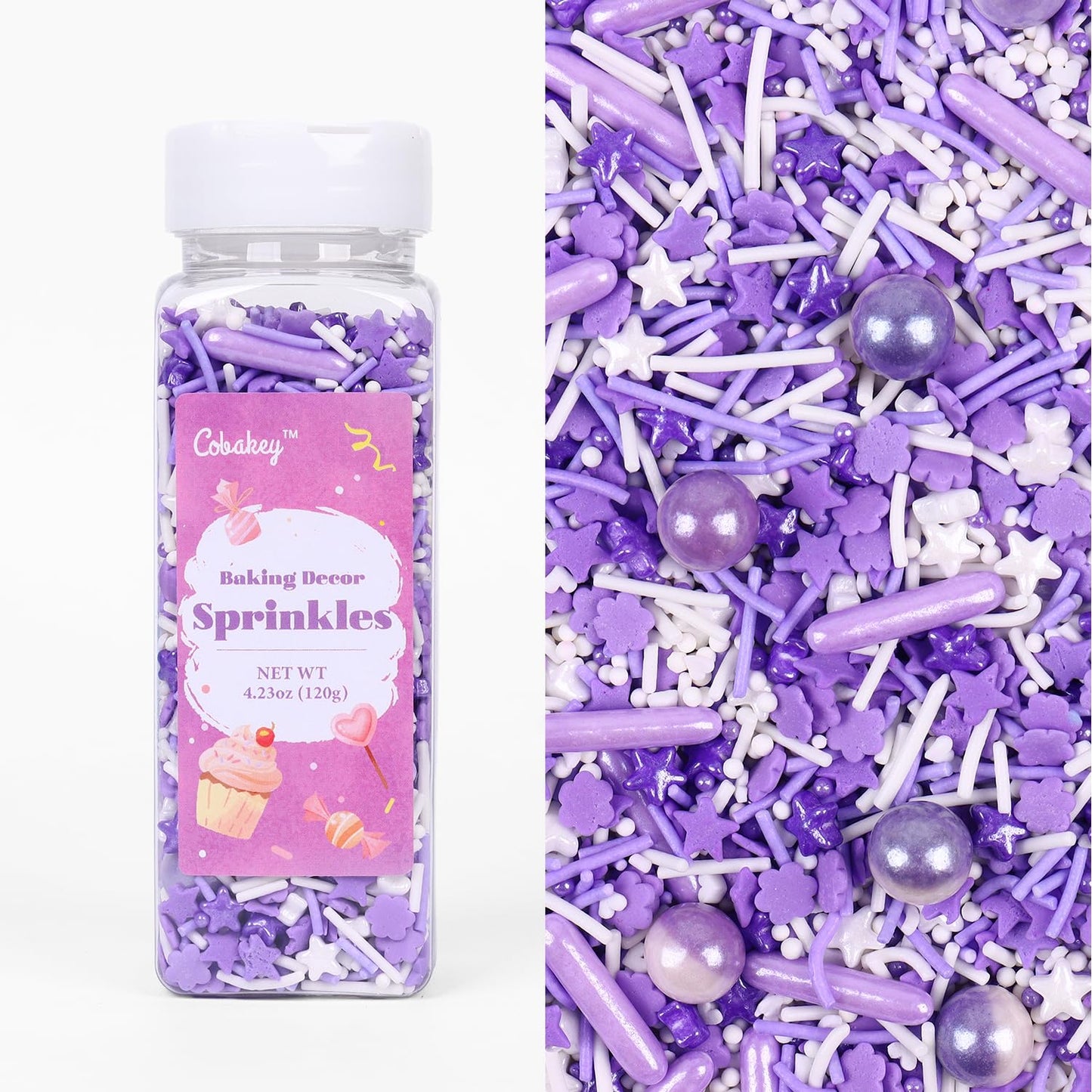 Purple Sprinkles for Cake Decorating 4.23ounce - Sugar Mix Contains Star & Pearl Sprinkles for Cupcake Toppers, Ice Cream, Candy, Cookie Decorations - Holiday Party Supplies