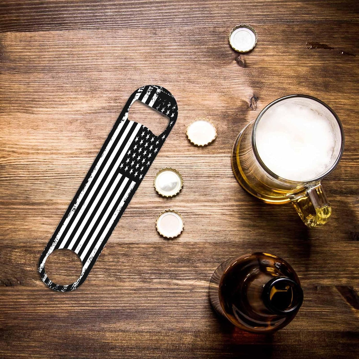 Grunge American Flag Stainless Steel Bottle Opener USA Flag Black and White Stars United Patriotism Flat Beer Bottle Opener Keychain for Home Kitchen Bar Restaurant Party Birthday Gift