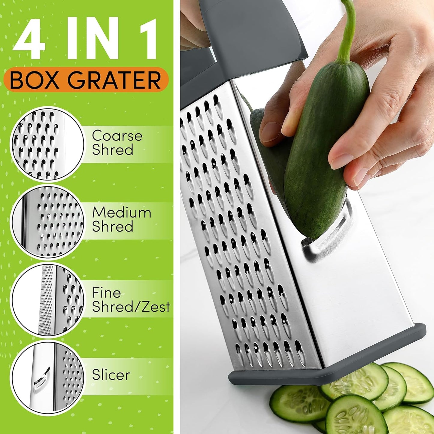 Spring Chef Professional Gray 10" Stainless Steel Parmesan Cheese Grater with Handle, 4 Sided Handheld Box Grater, Kitchen Carrot Shredder for Potato, Cheese, Ginger, Vegetables, Hashbrown