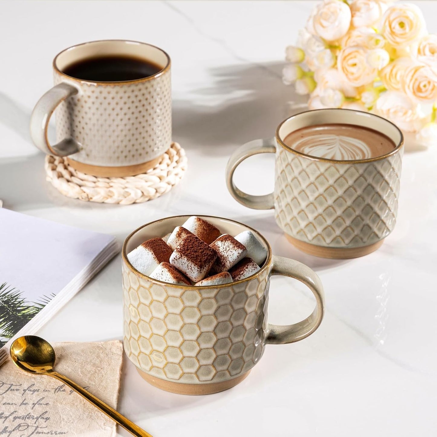 GBHOME 15OZ Stackable Coffee Mugs, Ceramic Coffee Mugs with Texture Patterns for Man,Woman,Dad,Mom, Modern Coffee Mugs Set of 4 for Latte/Cappuccino/Cocoa. Dishwasher&Microwave Safe, Pale Khaki