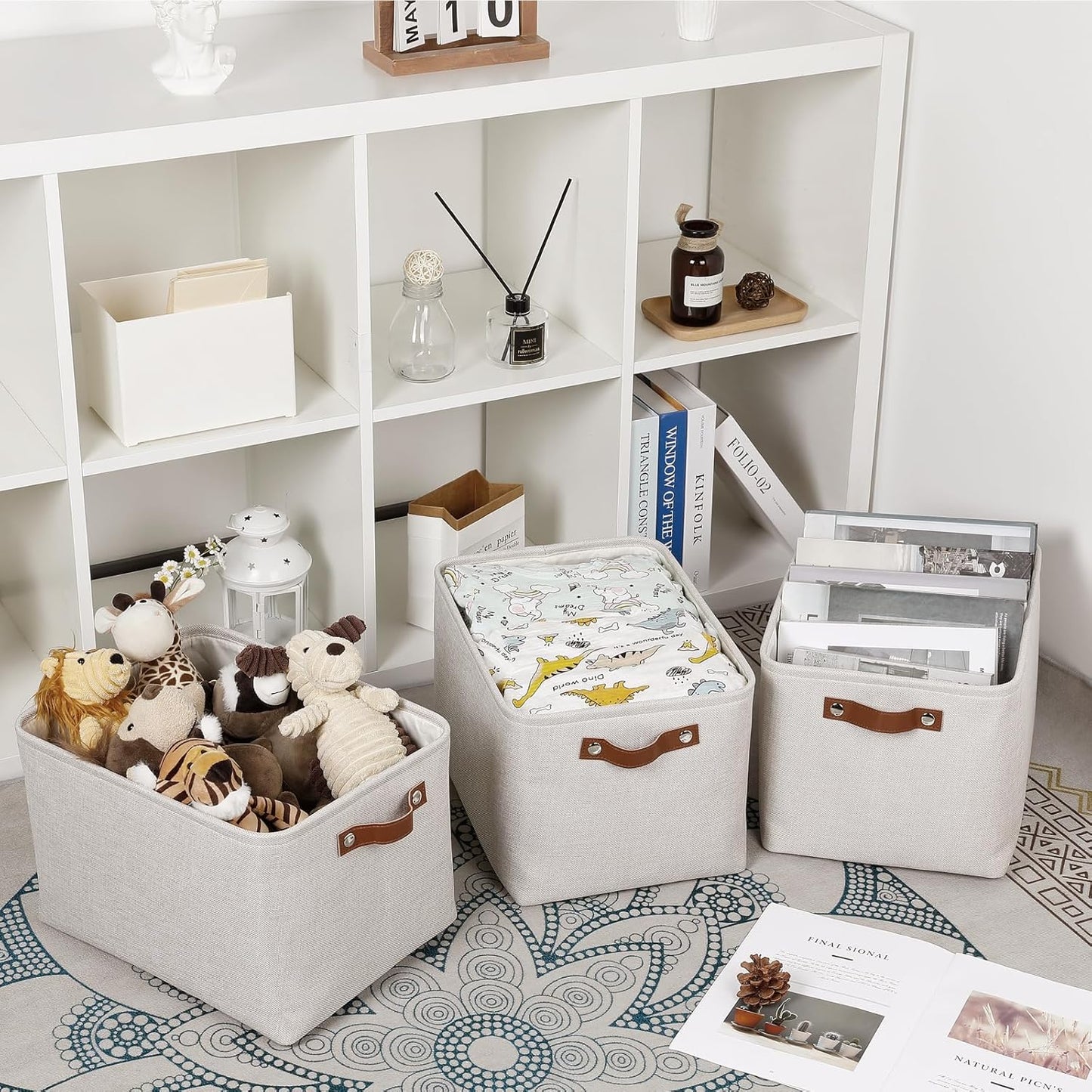 HNZIGE Large Fabric Storage Basket Organizers (3 PCS), Foldable Decorative Shelf Baskets with Leather Handles (Cream, 15" x 11" x 9.5")