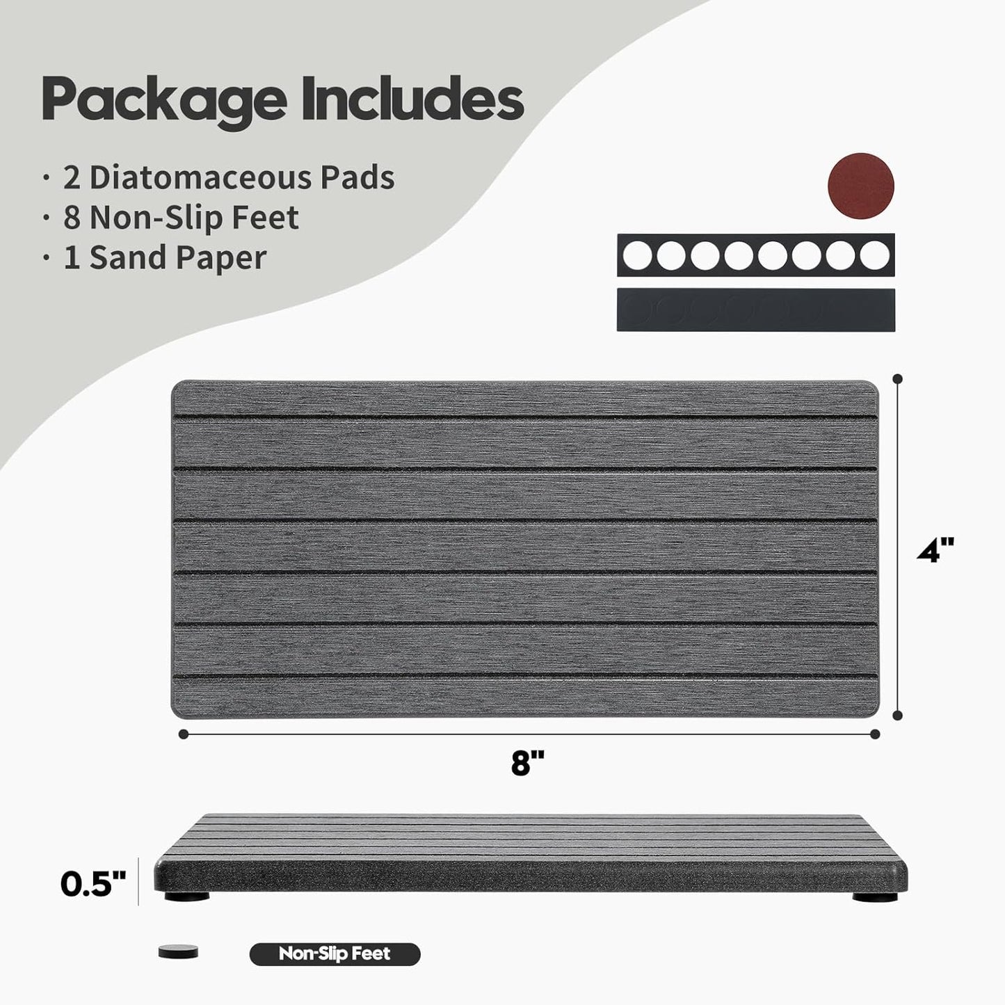 2PCS Diatomite Quick Stone Drying Tray Mat For Bathroom & Kitchen Counter, Instant Dry Water Absorbent Drink Bar Coaster,Vanity Sink Caddy Organizer,Dish Soap Sponge Holder, Dark Gray,8"x3.8"