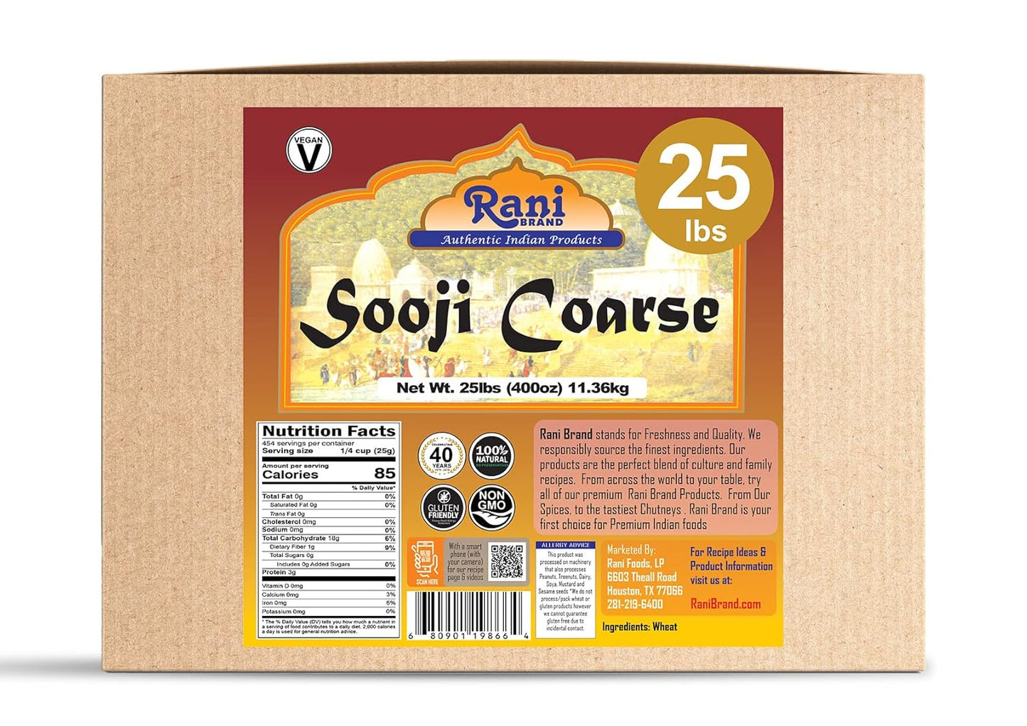 Rani Sooji Coarse (Farina, Suji, Rava, Rawa, Wheat Semolina) Flour 400oz (25lbs) 11.36kg Bulk Box ~ All Natural | Vegan | NON-GMO | Indian Origin
