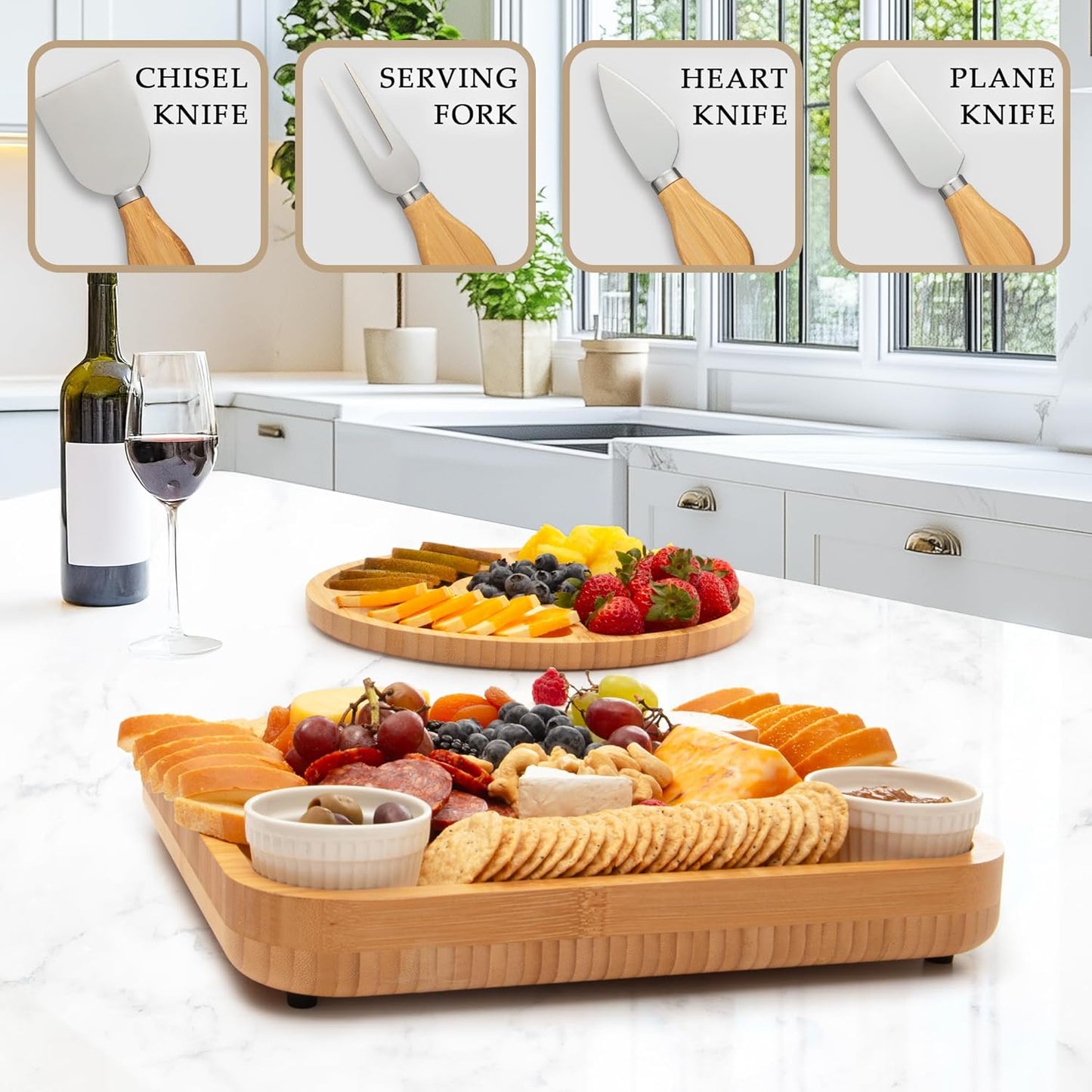 Zulay Kitchen Premium Bamboo Cheese Board Set - Extra Thick Bamboo Charcuterie Board Set with 4 Piece Knife Set - Wooden Cheese Board is Perfect for Charcuterie, Wine and Cheese (Party Set) - Icon