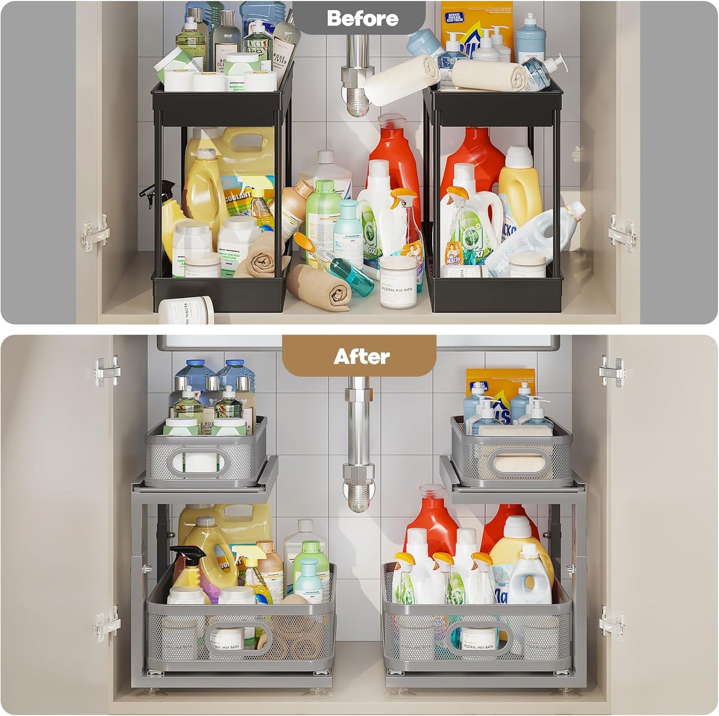 2 Pack 15.5IN-Depth Under Sink Organizer With Next-Gen Ball-Bearing Slides,2-Tier Precision Mesh Pull Out Cabinet Storage for Bathroom&Kitchen,Height Adjustable Drawers Shelf,Anti-rust-Grey