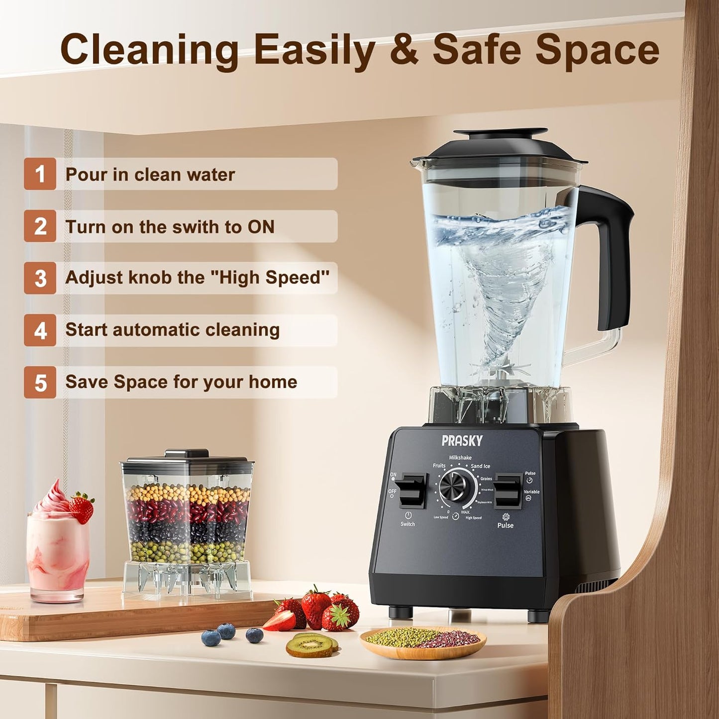 Professional Blender,Smoothies Blenders, PRASKY Max.2400Watts/1000Watts Blender and Grinder Combo 25000RPM Powerful Kitchen 68oz BPA Free 2 Containers Countertop Blenders Ice Crushing, Juice