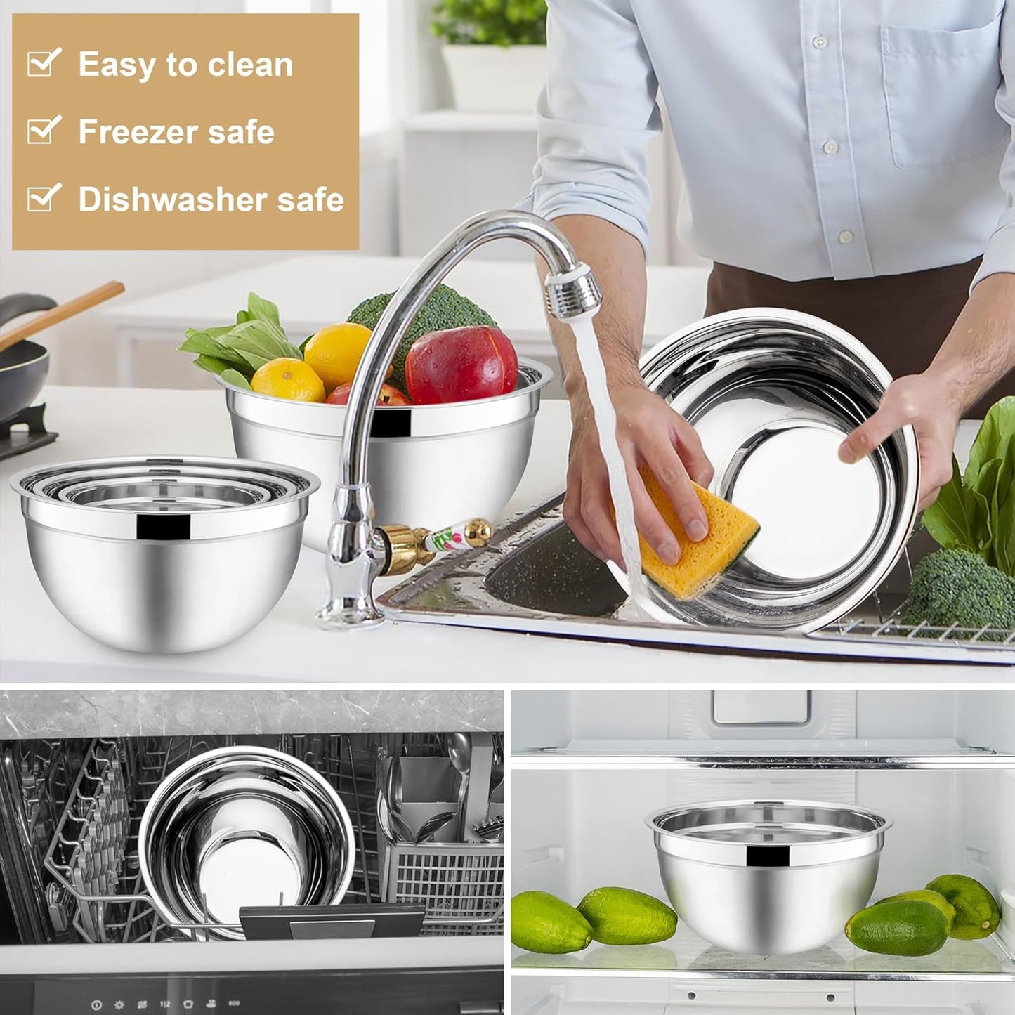 E-far Mixing Bowls with Lids, 12-Piece Stainless Steel Salad Bowls Metal Nesting Bowls for Baking Cooking and Prepping, Airtight Lids & Stackable Design, Size 7, 4.5, 3, 1.5, 1.2, 0.7 QT (Khaki)