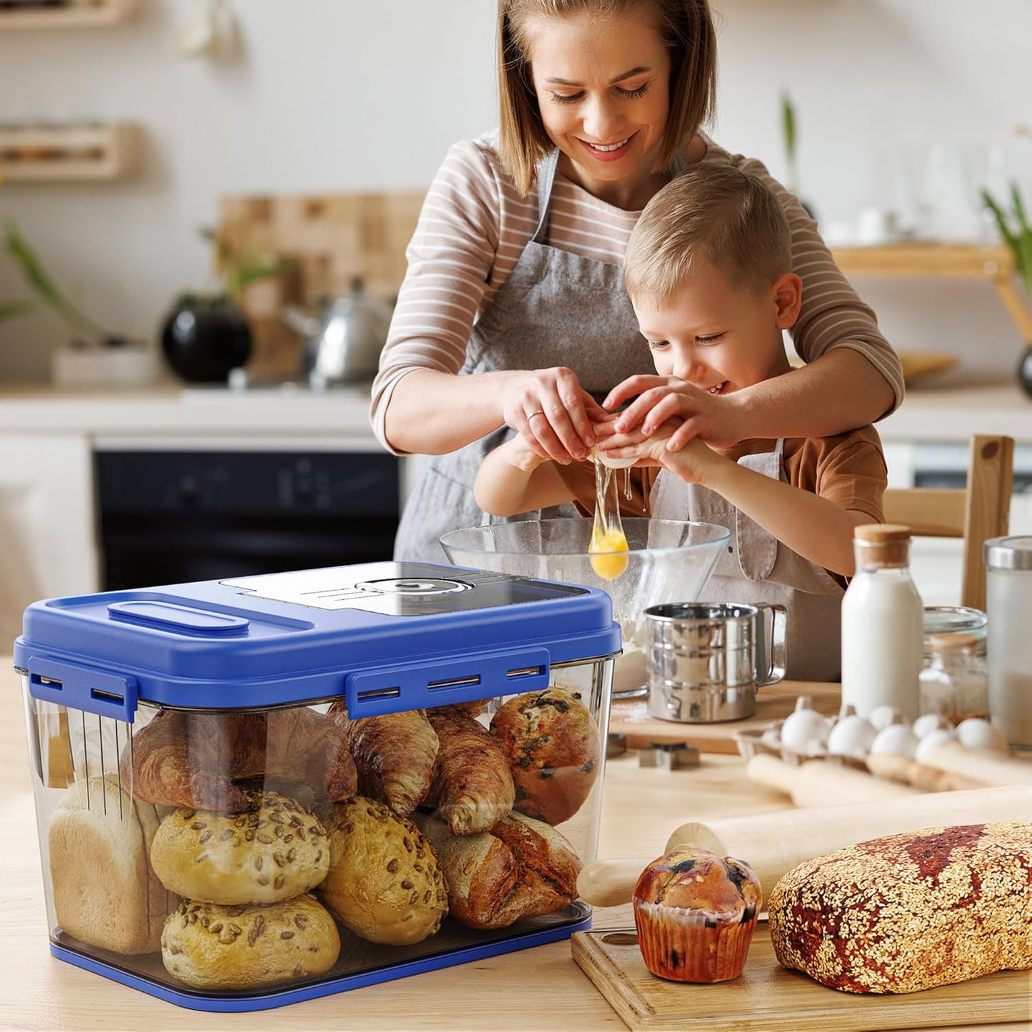 Bread Box For Kitchen Countertop, Airtight Bread Storage Container, Bread Keeper For Homemade Bread, Cookies, Cereal, Fruits, Large Blue.