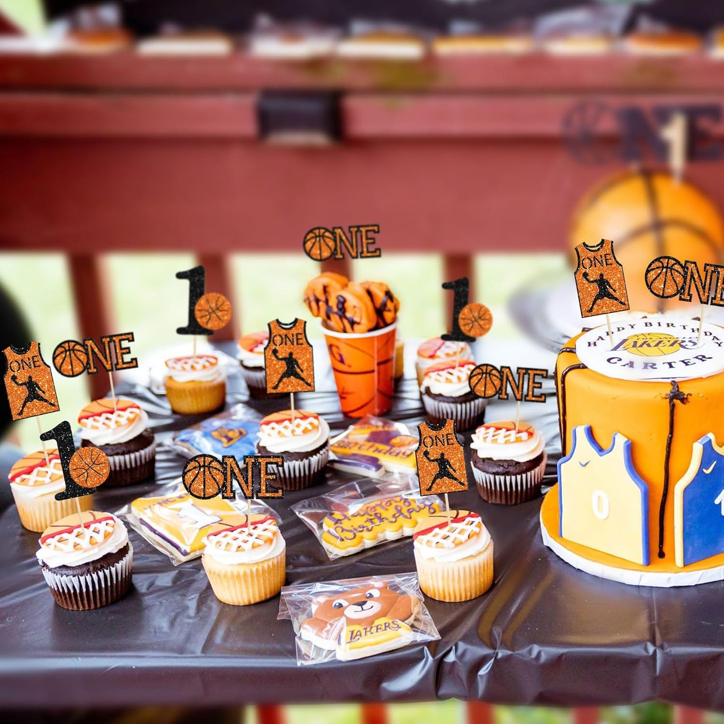 24Pcs Basketball One Cupcake Toppers Glitter Number 1 First Birthday Basketball Cupcake Picks for Sports Theme Baby Shower Kids 1st Birthday Party Cake Decorations Supplies