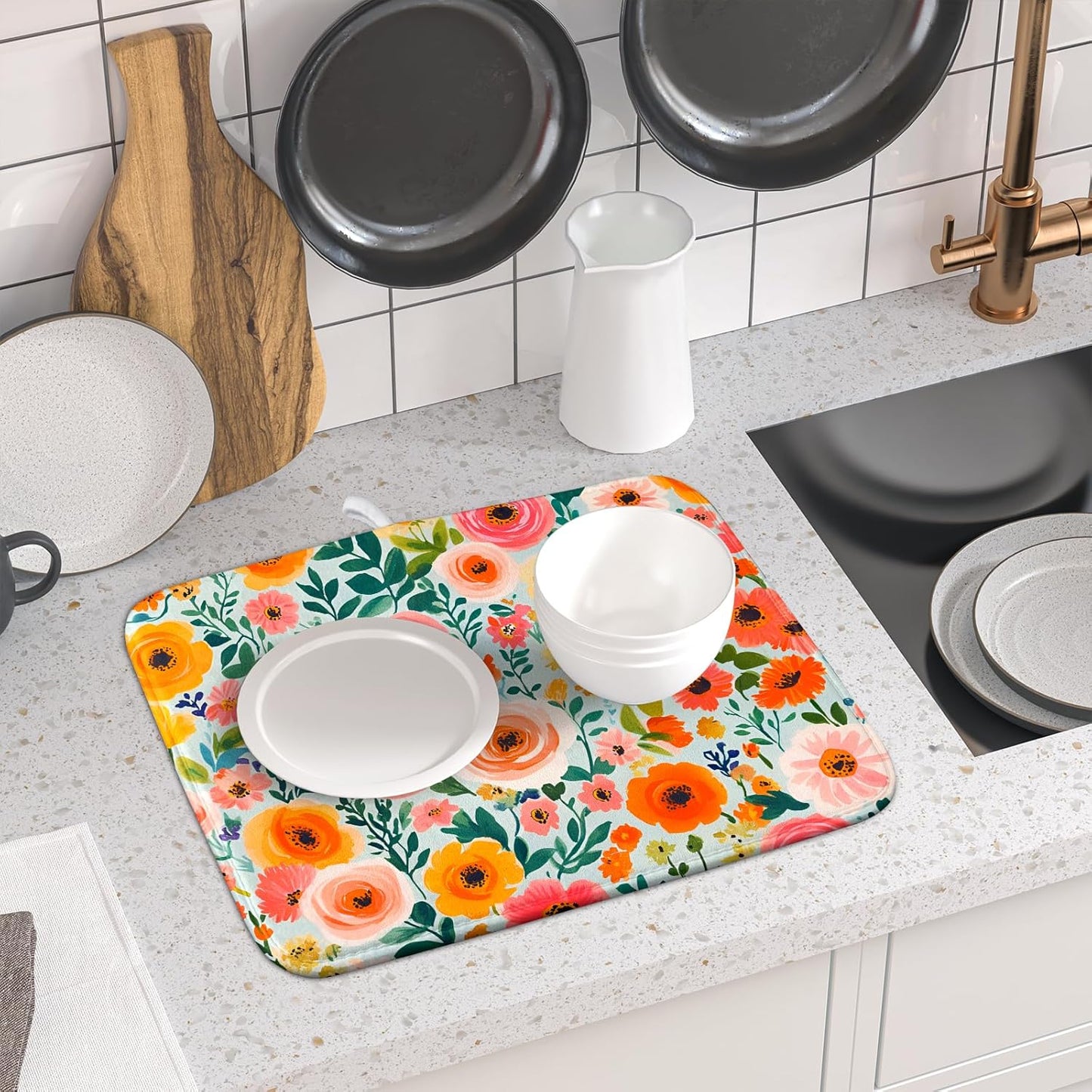 Spiral Flower Dish Drying Pad - Spring Bold Floral Printd Kitchen Countertop Cloth Pad for Home Decorative