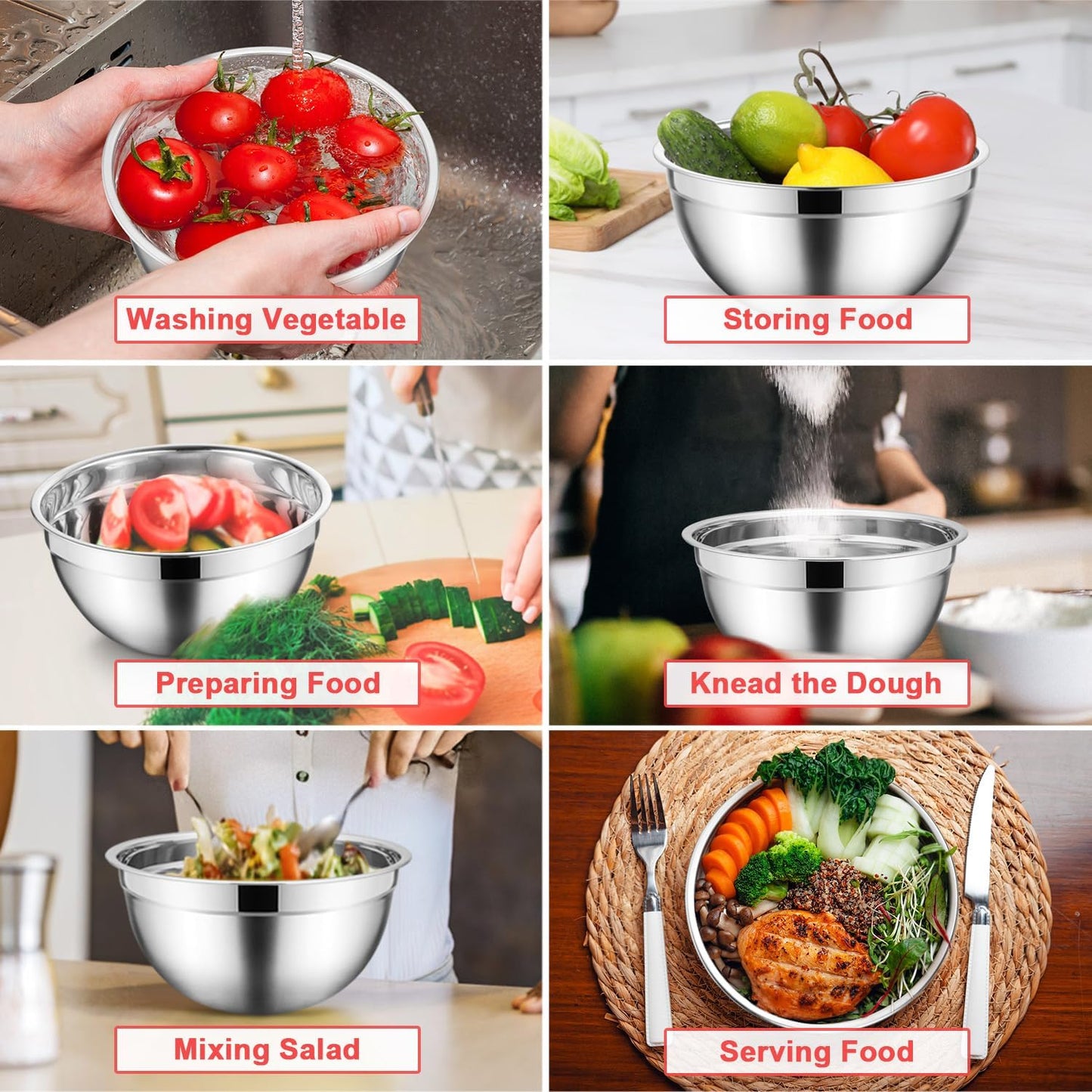 E-far Mixing Bowls Set of 7, Stainless Steel Mixing Bowls with Airtight Clear Lids, Metal Nesting Bowls for Kitchen Prep, Baking, Serving, Dishwasher Safe, Size 4.6, 3.5, 3, 2, 1.5, 1, 0.7QT, Colorful
