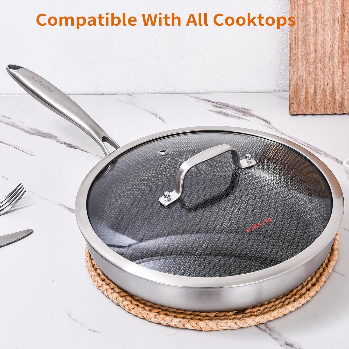 DELARLO Tri-Ply Stainless Steel 8" 10" Frying Pan Set With Lid Nonstick Large skillet, Oven safe induction Chef's Pan,Pots and Pans Set Suitable for All Stove Efficent Fast Even Heating