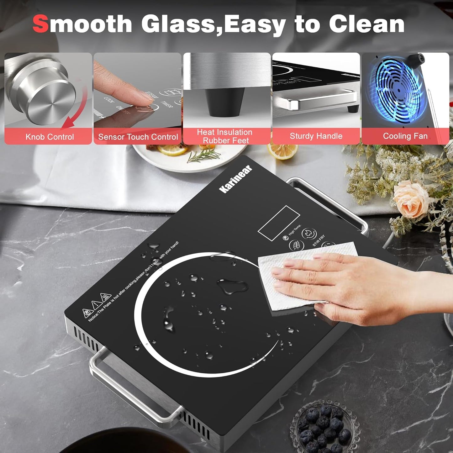 Karinear Portable Electric Stove 110V, 1800W Electric Hot Plate with Handle, Knob Control Single Burner Electri Cooktop, Ceramic Infrared Countertop Burner, Timer, Safety Lock