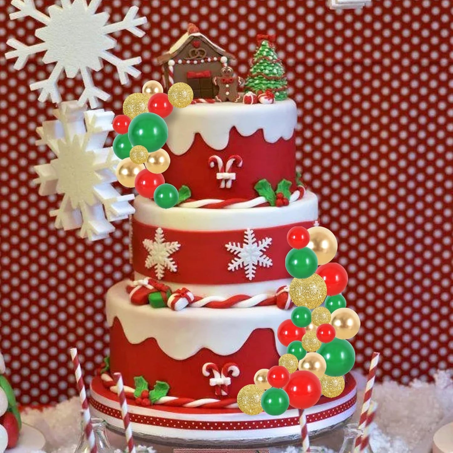 BEISHIDA 40 Pcs Ball Cake Toppers Mini Balls Cake Decorations Red Green Gold Silver Sticks Foam Balls DIY Cake Topper Insert Balls Cake Decorations for Baking Christmas Party Decorations