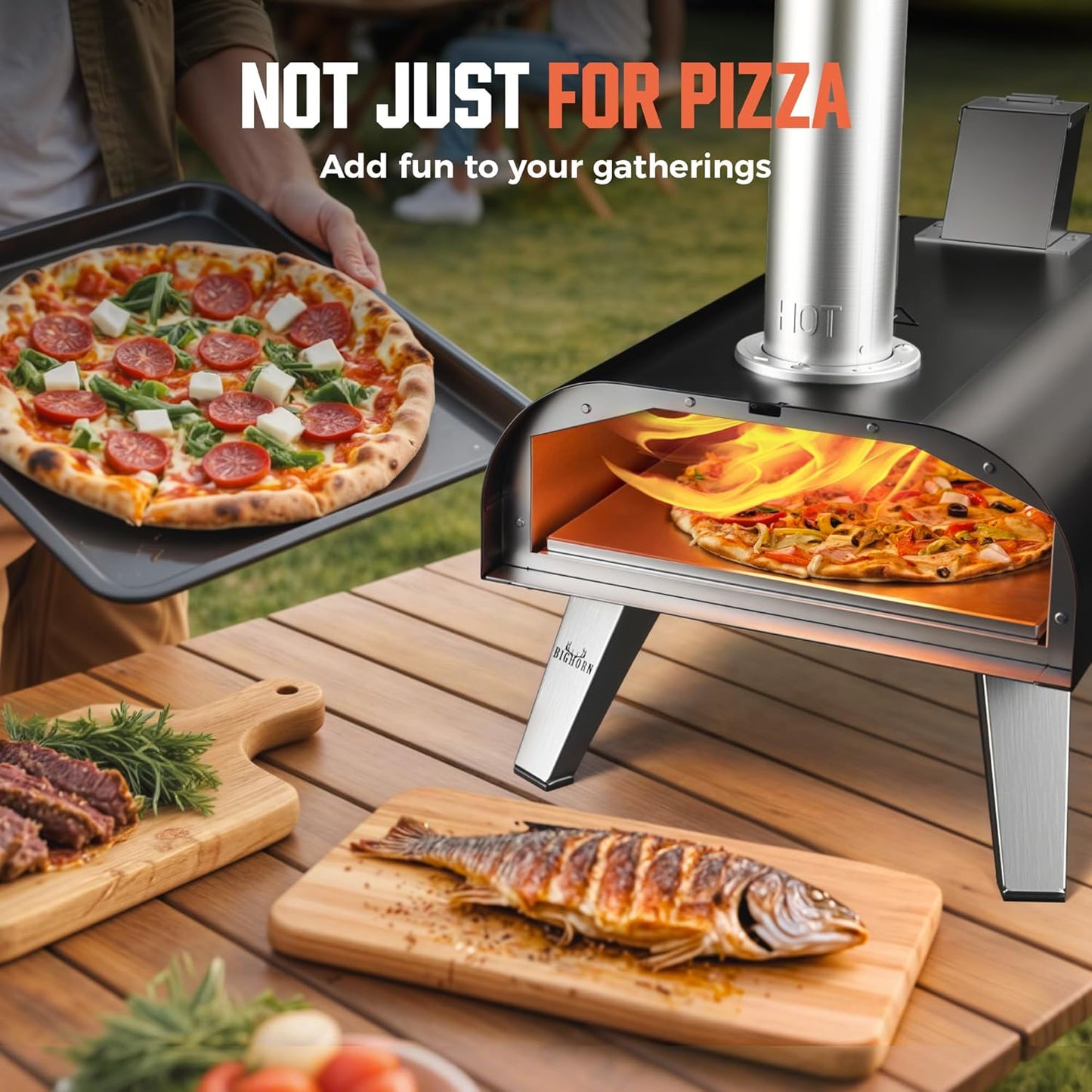 BIG HORN OUTDOORS 12" Black Pizza Ovens Wood Pellet Fired Pizza Maker, Stone-Baked Pizzas Made Easy Use Anywhere, Backyard Camping Party Cooking with your Family or Friend