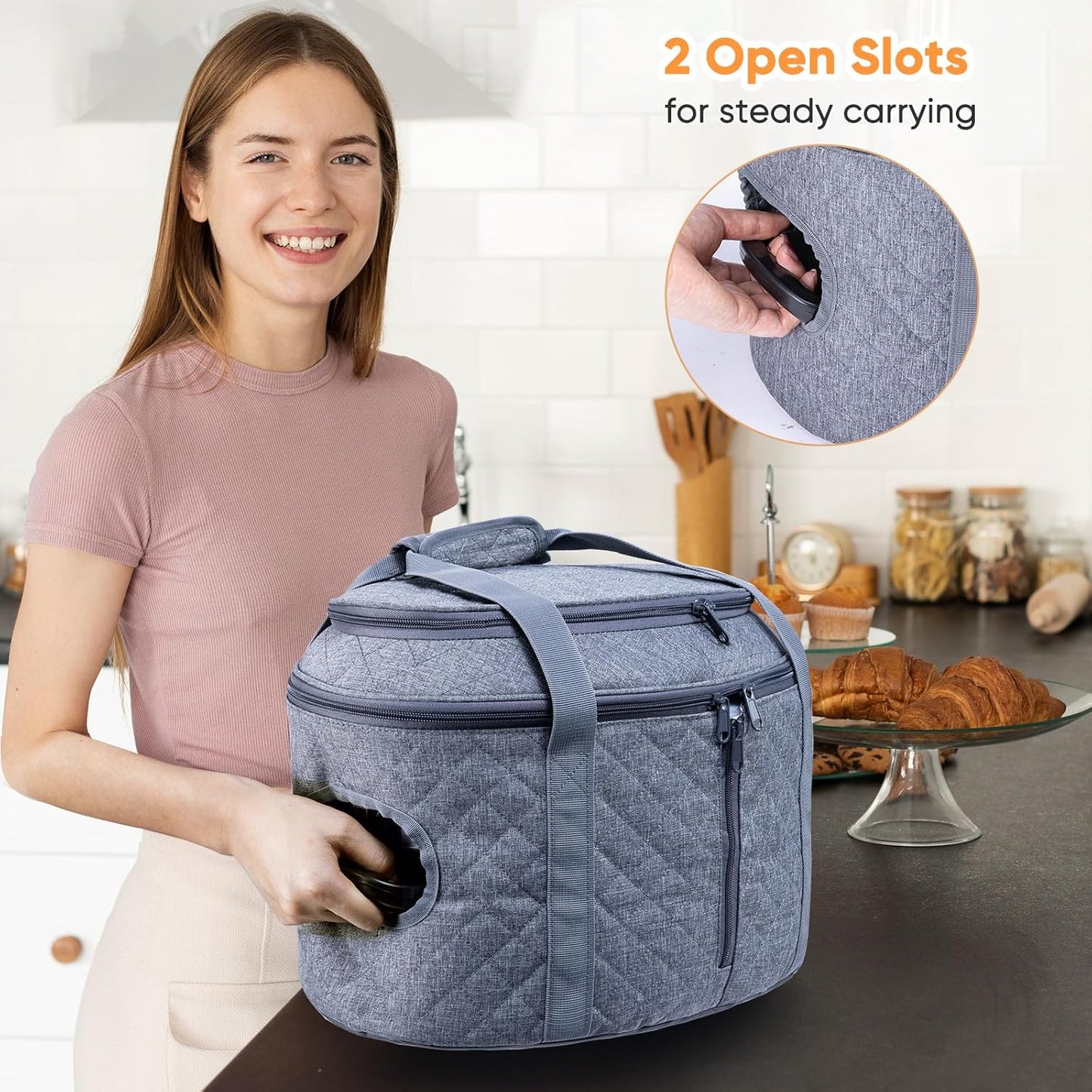 BAGSPRITE Double-layer Slow Cooker Carrying Case Compatible with 6-8 Quart Crockpot Carrier for Hot Food and Hamlton Beach Slow Cooker Tote with Lid Fastener for Crock-pot Dust Cover Applicances