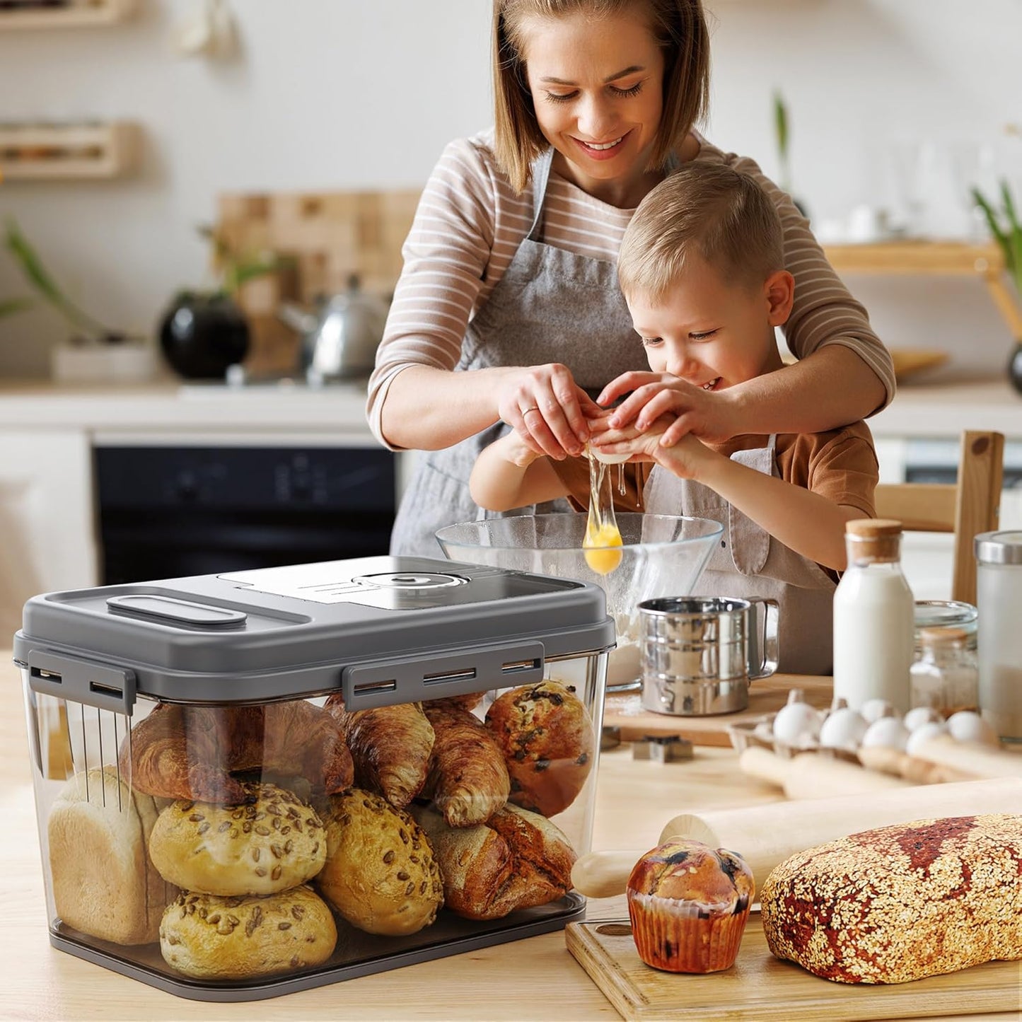 Bread Box, 10L Gray Airtight Braed Storage Container, Bread Box For Kitchen Countertop, Time Recording Bread Keeper with Lid, Flip-Top Bread Holder.