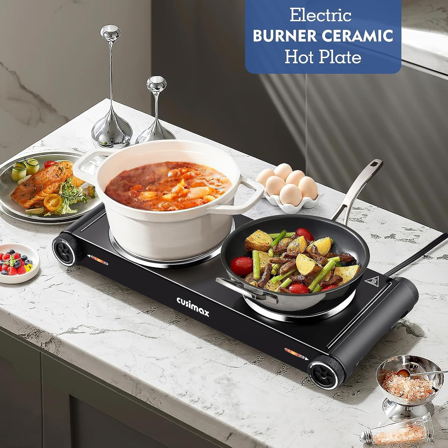 Cusimax Hot Plate,1800W Electric Stove Countertop Double Cast Iron Burner with Adjustable Temperature,7.4”+6.1” Portable Hot Plates for Cooking,Compatible for All Cookwares