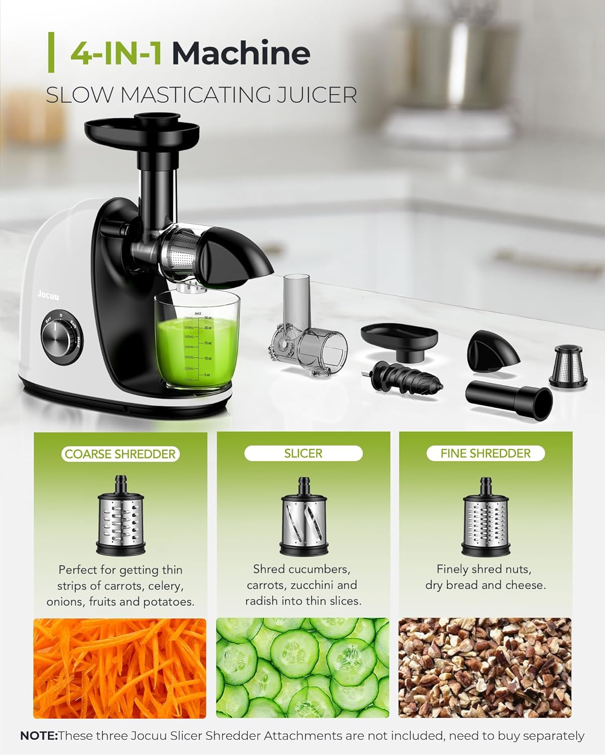 Jocuu Slow Masticating Juicer with 2-Speed Modes - Cold Press Juicer Machine - Quiet Motor & Reverse Function - Easy to Clean Juicer Extractor - Juice Recipes for Fruits & Vegetables (White)