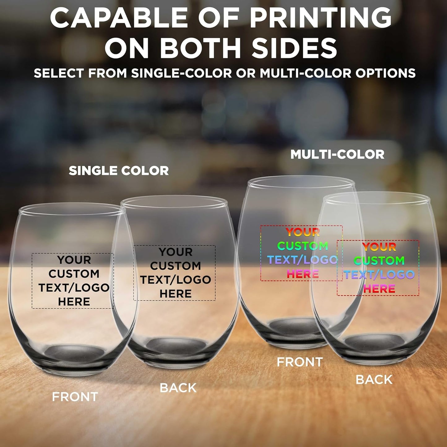 Custom Stemless Wine Glasses in Bulk by ARC Perfection, 15 oz, 10 pack, Personalized Text, Logo, Red or White Wine Glass Set, Black