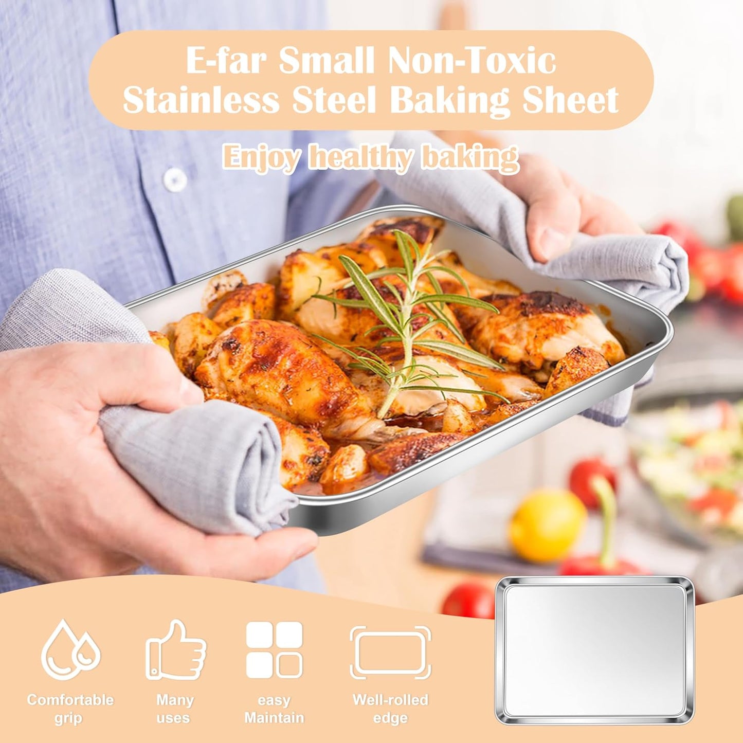 E-far 3 Pack Toaster Oven Trays, 9.4”x7.3” Stainless Steel Small Baking Cookie Sheets, Mini Non-toxic Metal Baking Pans for Cake, Healthy & Rust Free, Mirror Finish & Dishwasher Safe