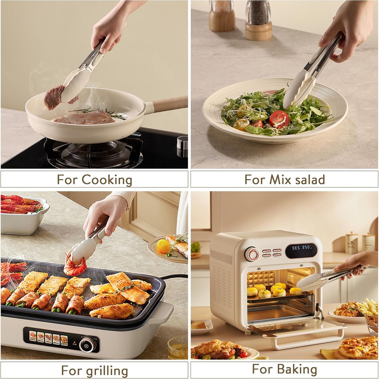 CAROTE Tongs for Cooking 428ºF Heat Resistant Locking Stainless Steel Kitchen Tongs with Non Scratch Silicone Tips, Perfect for Nonstick Cookware, BBQ Tongs Set of 3 (7"+9"+12")