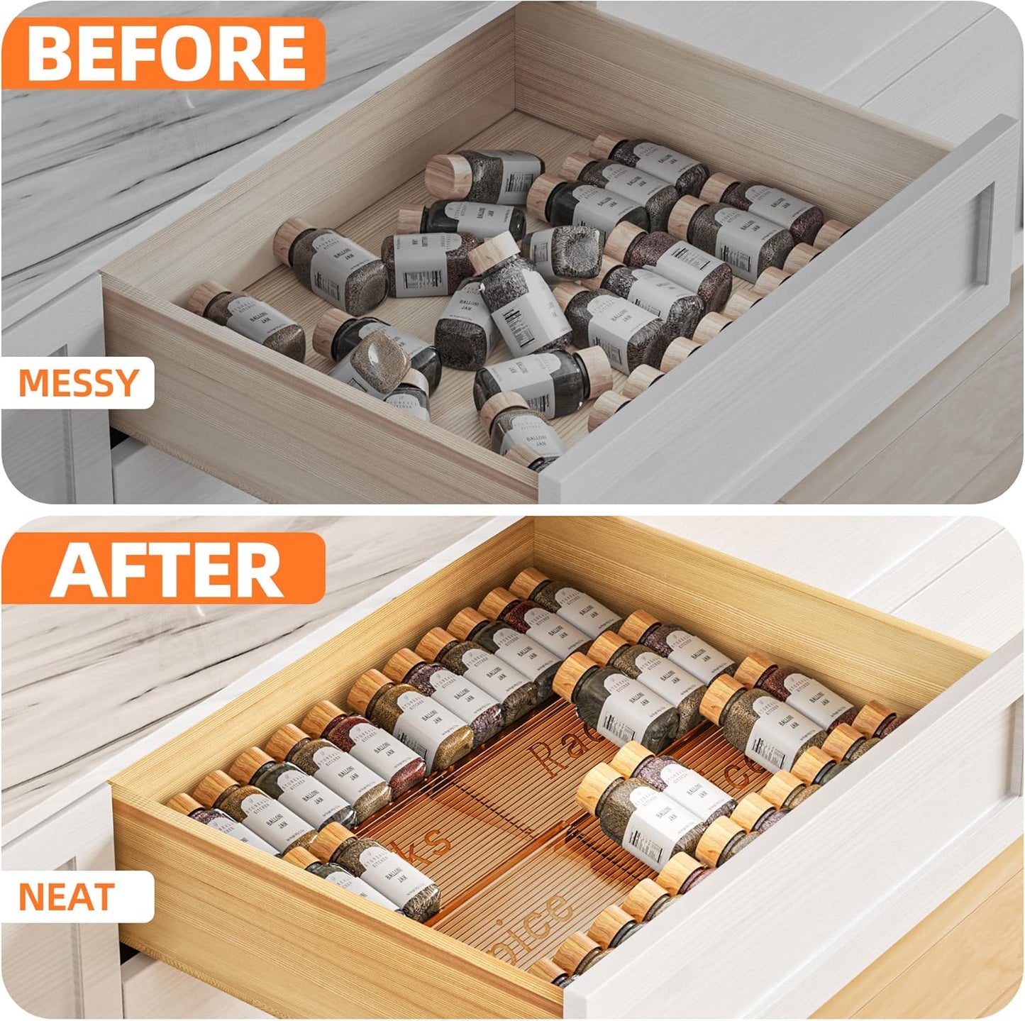 Spice Drawer Organizer, 4 Tier- 4 Pack Amber Acrylic Drawer Seasoning Organizer, Expandable From 11'' to 22'' Kitchen Spice Rack Organizers and Storage for Drawer (Jars not included)