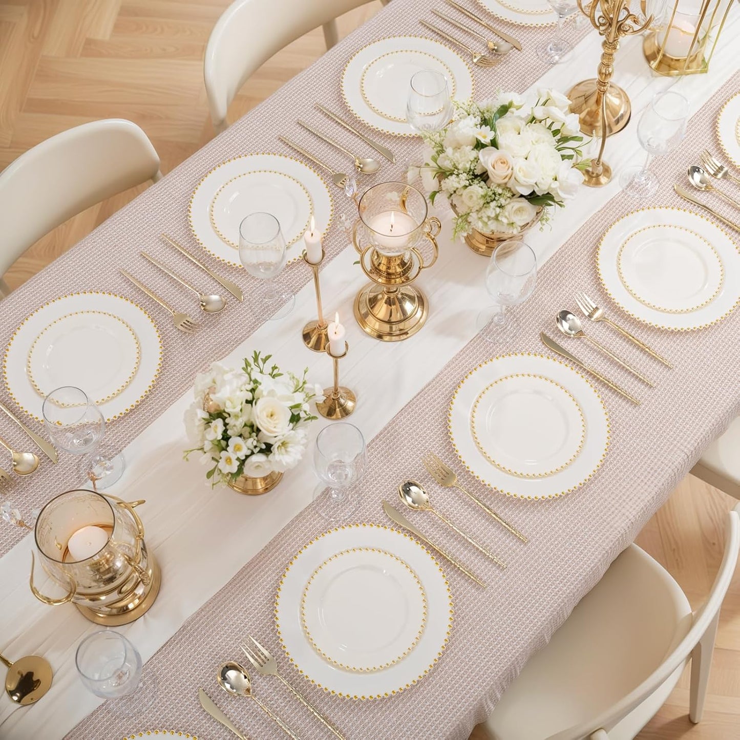 supernal 100pcs Ivory Plastic Plates with Gold Beads - Heavy Duty Elegant Disposable Plates Set Include 50 Cream Plastic Dinner Plate and 50 Dessert Plate Perfect for Wedding, Birthday & Party