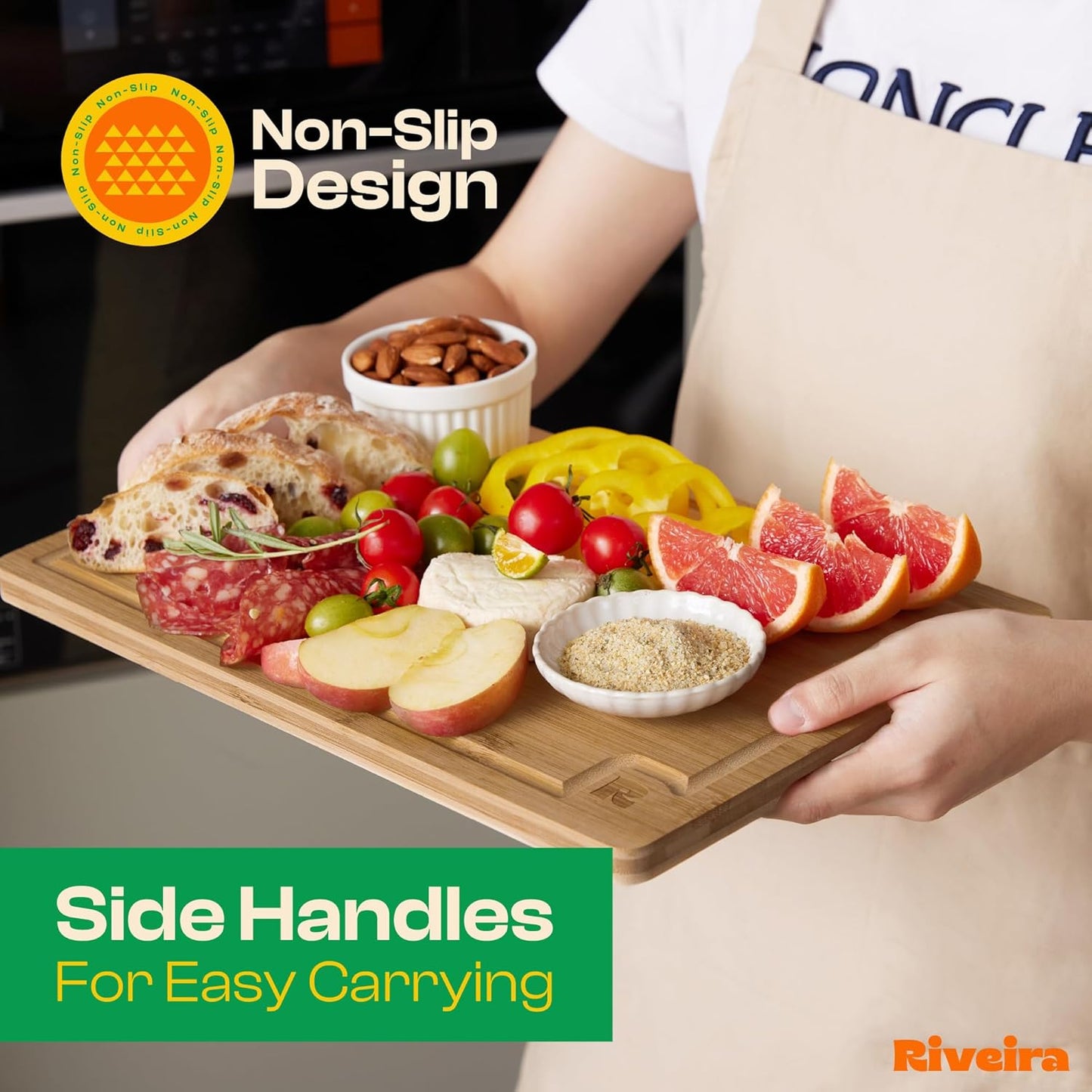 Riveira Brown Bamboo Wood Cutting Board – Gourmet Bamboo Grandeur: 36 x 24 Wooden Cutting Board – Wooden Cutting Boards For Kitchen Decorative – Innovative Juice Grooves Wooden Chopping Board