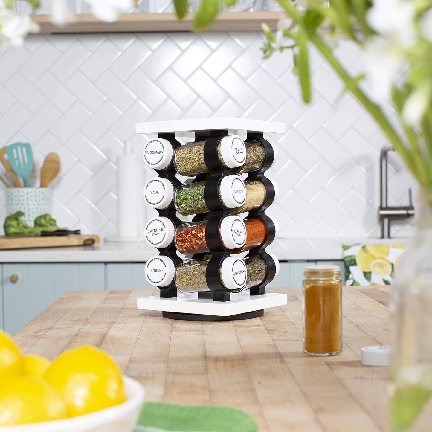 Orii Spice Rack 16 Jar Set White Filled with Spices - Rotating Standing Rack Shelf Holder & Countertop Spice Rack Tower Organizer for Kitchen Spices