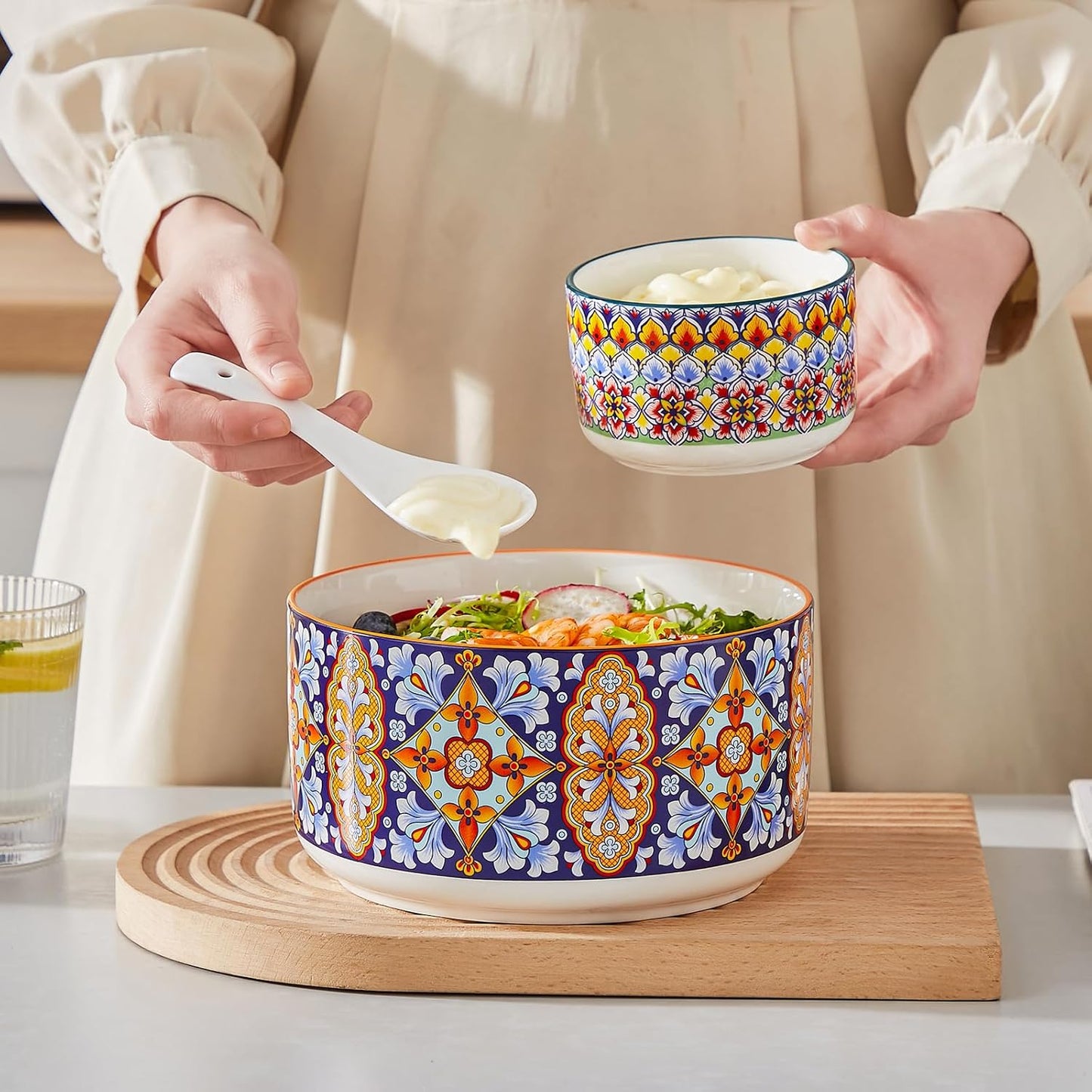 vancasso Mixing Bowls with Lids Set of 4, Ceramic Nesting Bowls Serving Bowl for Food Storage, Microwave and Dishwasher Safe, 60/36/20/10 OZ, Series SIMI