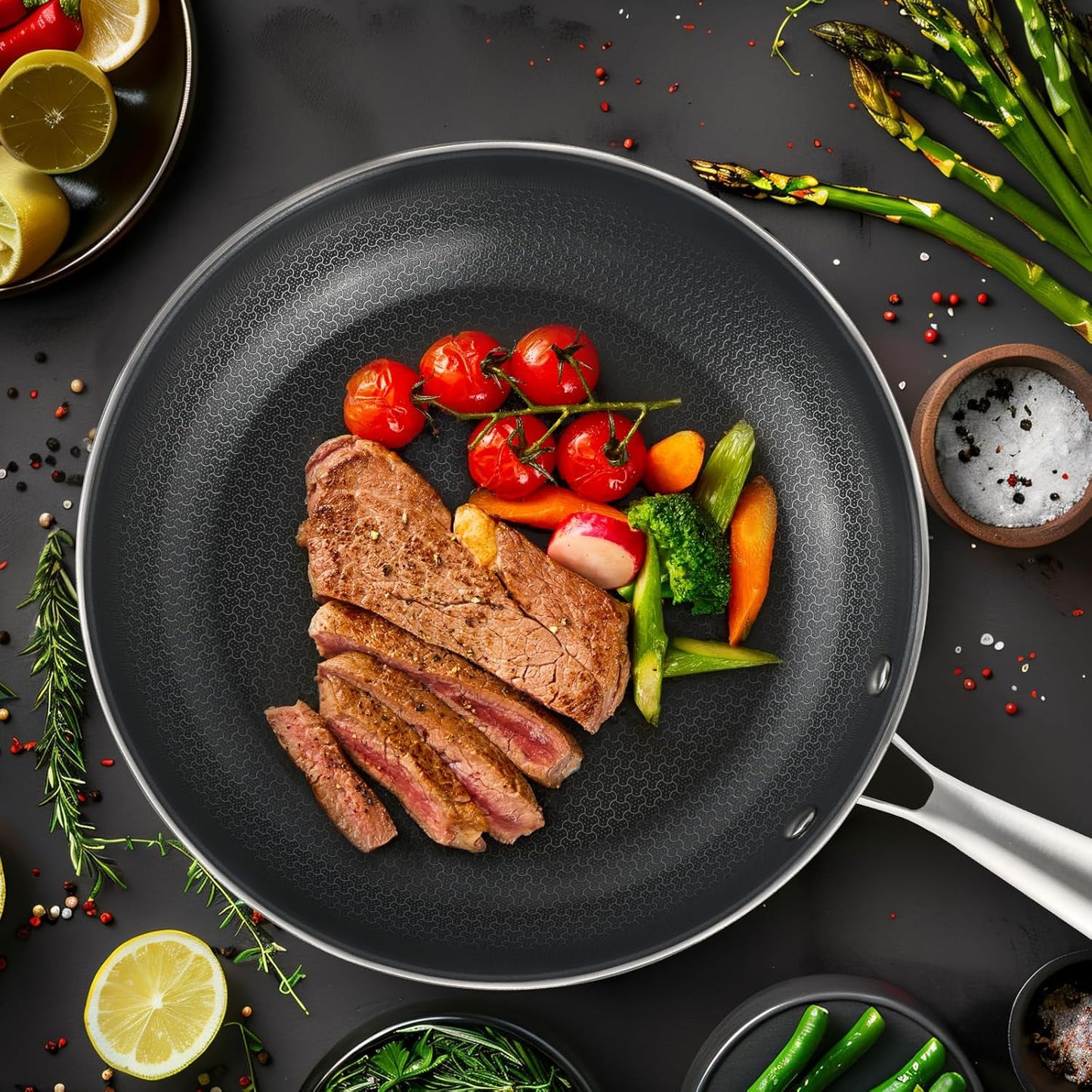 Stainless Steel Nonstick Frying Pan, Hybrid Ceramic 12-Inch Frying Pans, Stay-Cool Handle, PFAS & PFOA PTFE Free, Dishwasher & Oven Safe, Scratch-Resistant, Compatible with Induction & All Cooktops