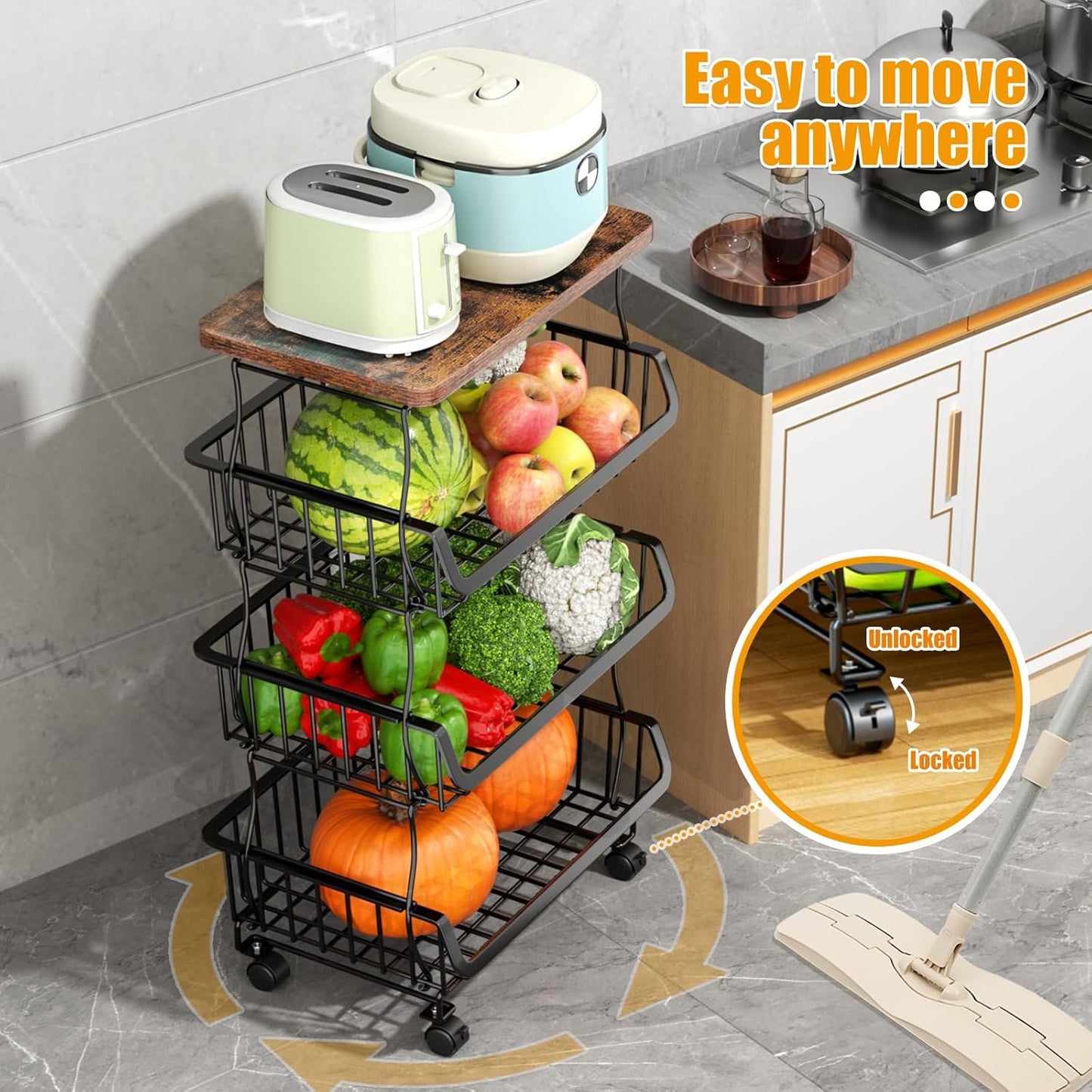 Fruit Vegetable Basket for Kitchen, 4 Tier Stackable Fruit Vegetable Storage Baskets with Wheels, Metal Wire Storage Basket Organizer Baskets for Kitchen, Pantry, Bathroom