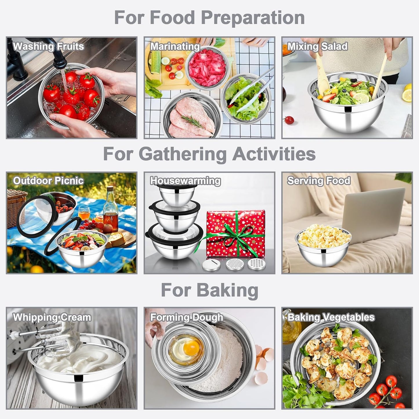 E-far Mixing Bowls with Lids and Graters, Stainless Steel Salad Mixing Bowl with Transparent Lid Set of 3, Metal Nesting Salad Storage for Kitchen Prepping/Serving/Baking, 4.6/2.6/1.5QT - Black